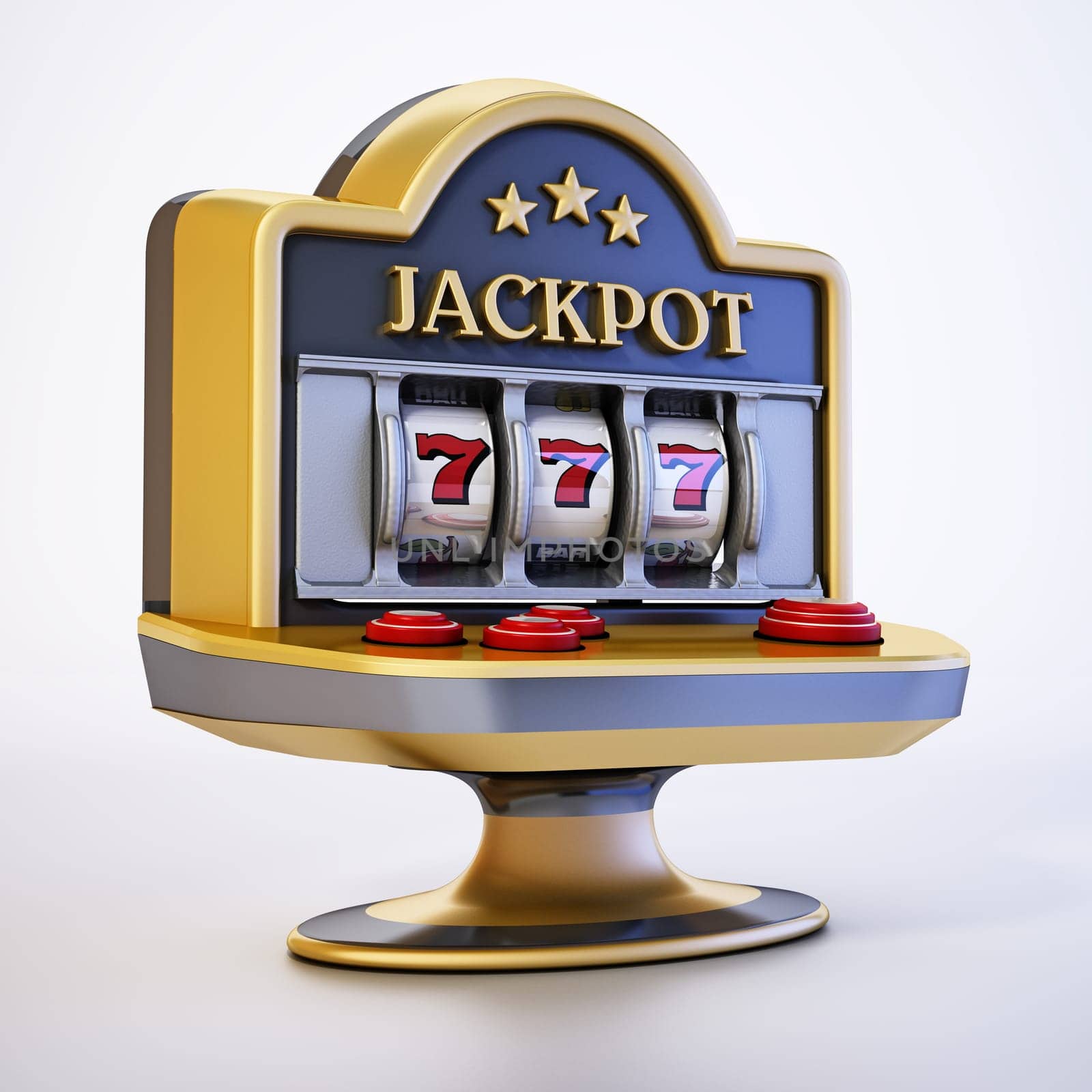 Slot machine with three seven symbols and jackpot text. 3D illustration.
