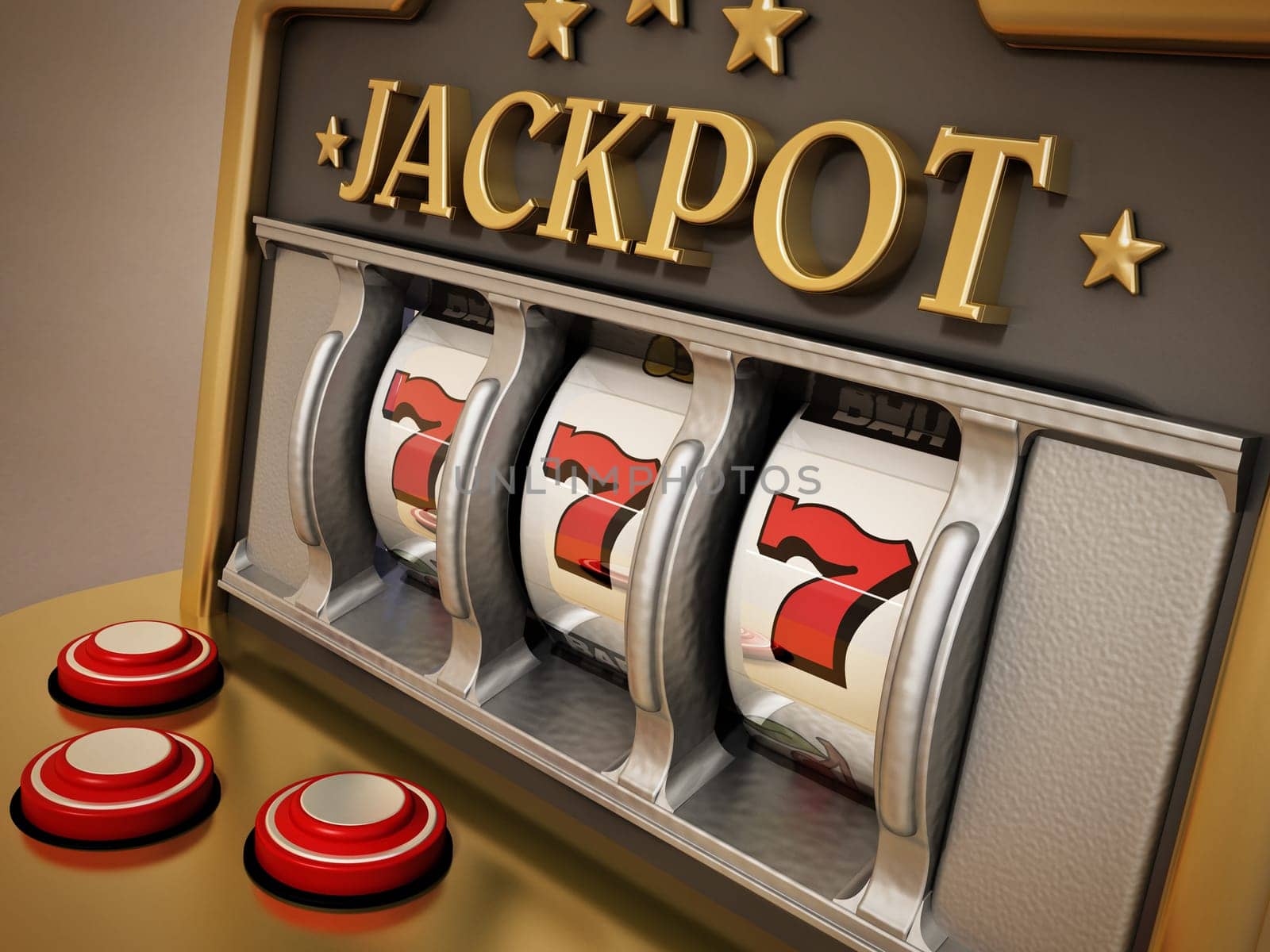 Slot machine with three seven symbols and jackpot text. 3D illustration.