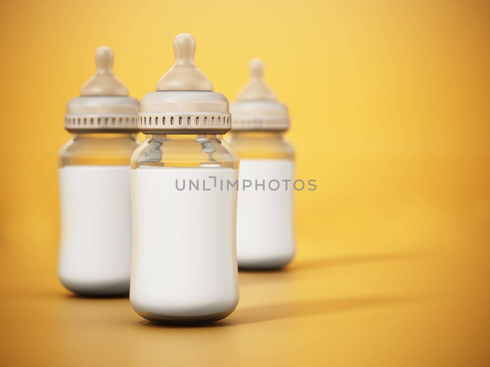 Glass baby bottles with milk isolated on yellow background. 3D illustration.