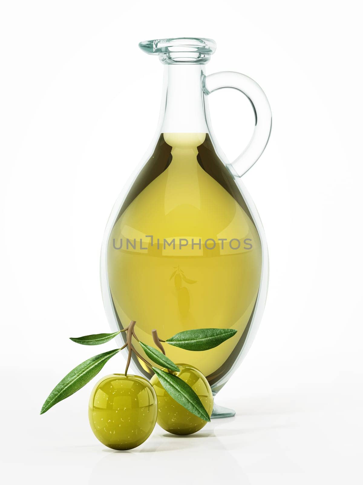 Glass olive oil bottle and raw olives isolated on white background. 3D illustration.