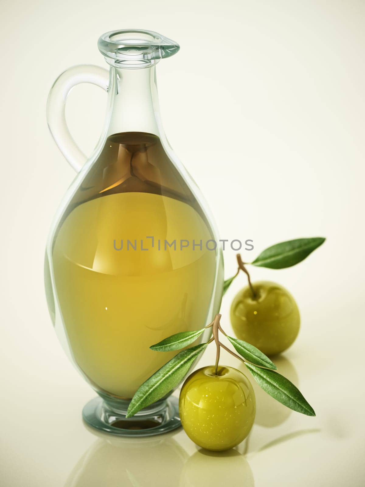 Glass olive oil bottle and raw olives isolated on white background. 3D illustration.
