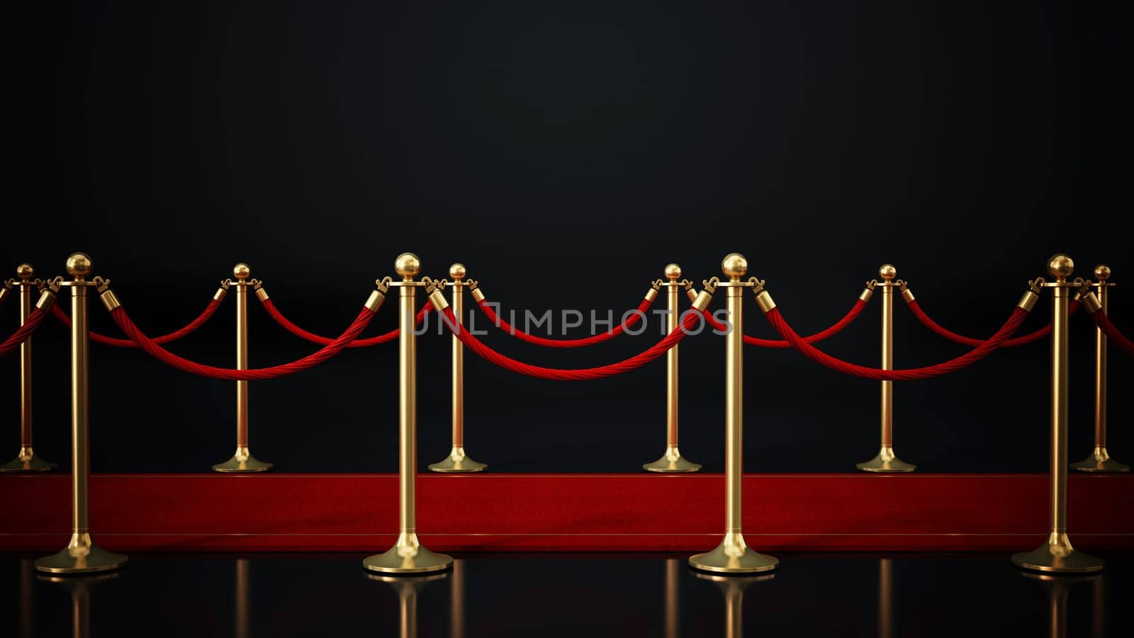 Red carpet and velvet ropes isolated on black background. Side view. 3D illustration.