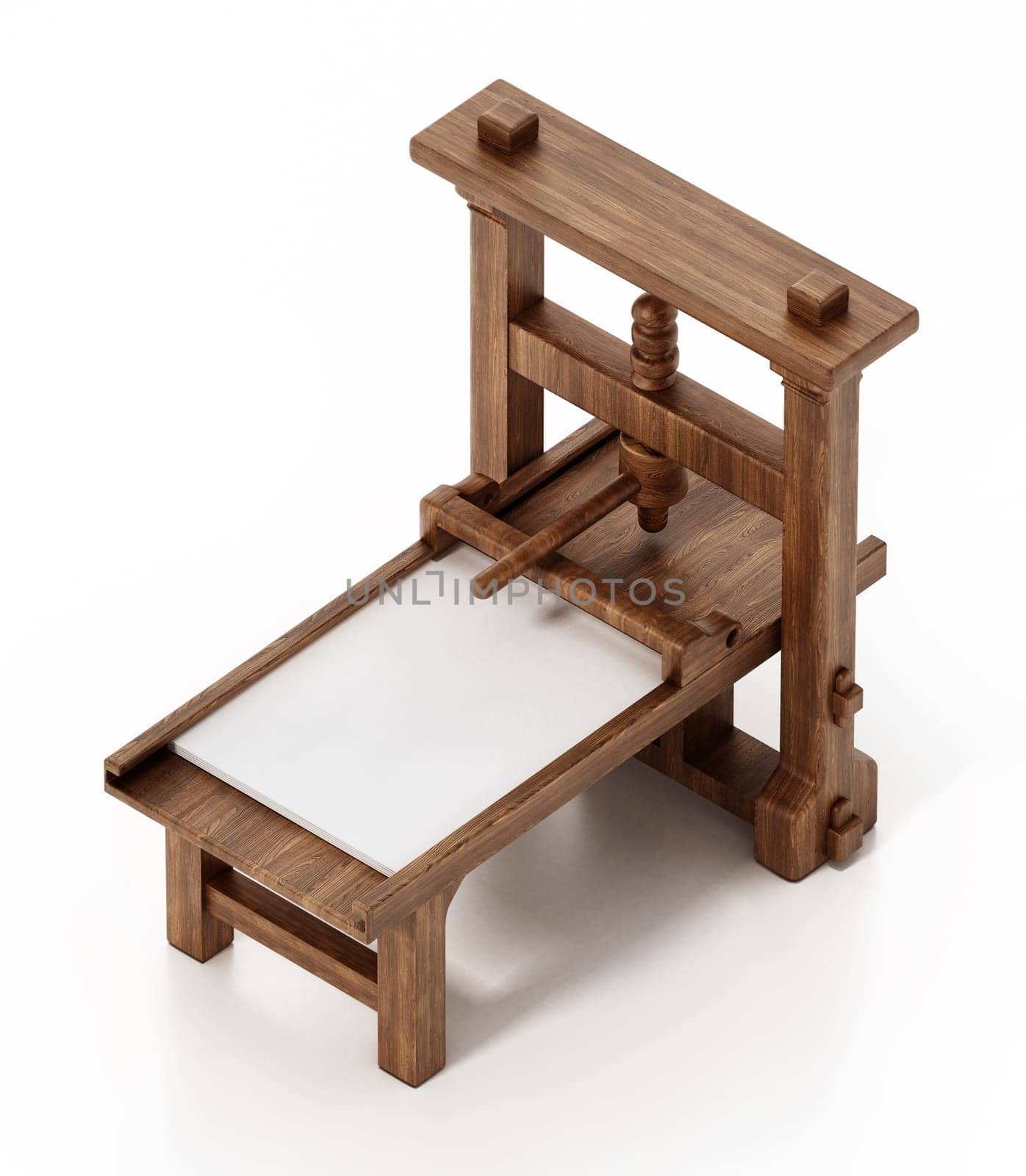 Vintage printing press isolated on white background. 3D illustration.