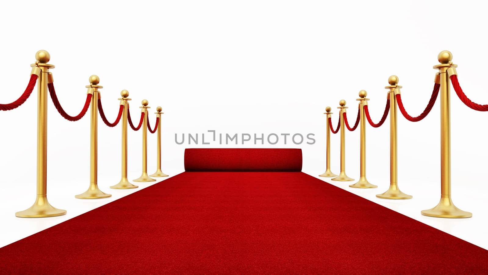 Red carpet and velvet ropes isolated on white background. 3D illustration.