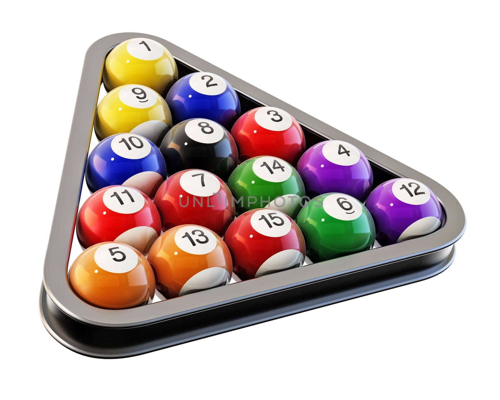 Pool or billiard balls arrangement inside billiards triangle. 3D illustration.