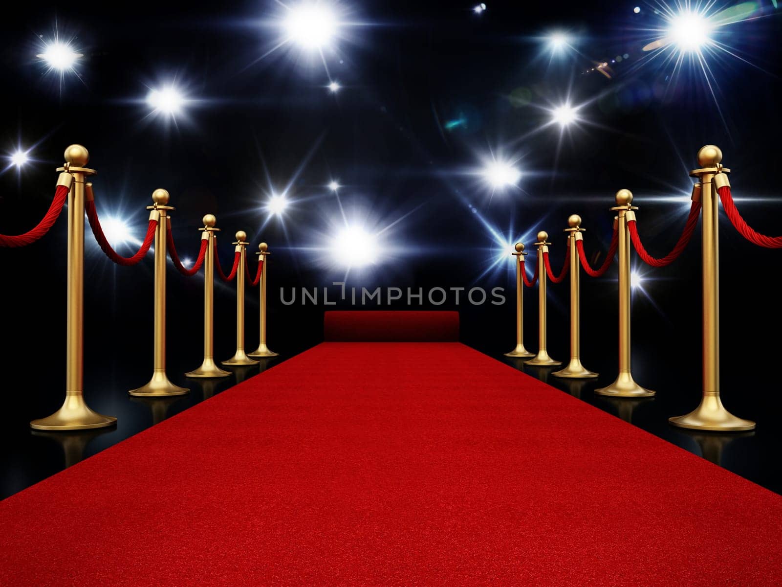 Night illuminated with flashlights, red carpet and velvet ropes 3D illustration.