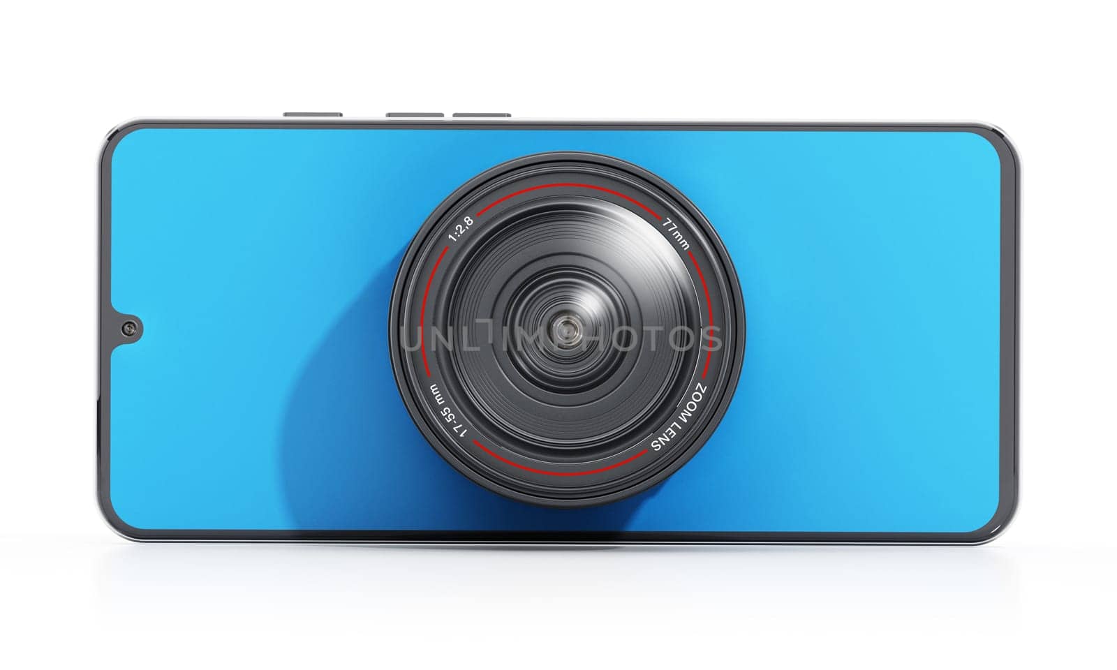 Smartphone with big camera lens isolated on white background. 3D illustration.