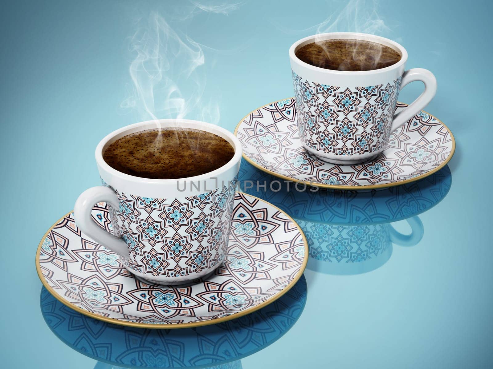 Turkish coffee served in a porcelain cups isolated on white background. 3D illustration.