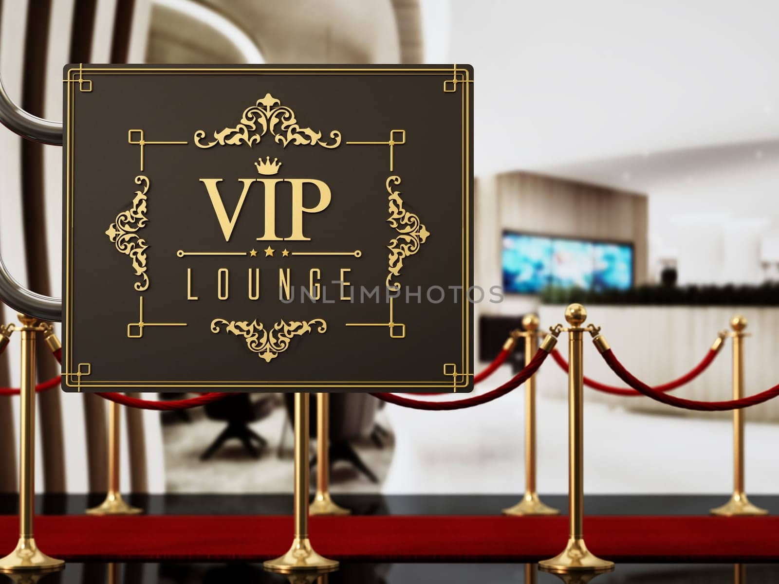 VIP lounge signboard with red carpet and velvet ropes. 3D illustration.