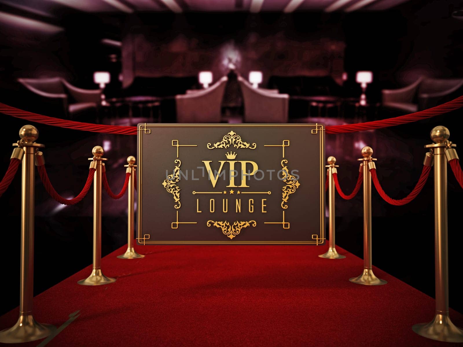VIP lounge signboard with red carpet and velvet ropes. 3D illustration.