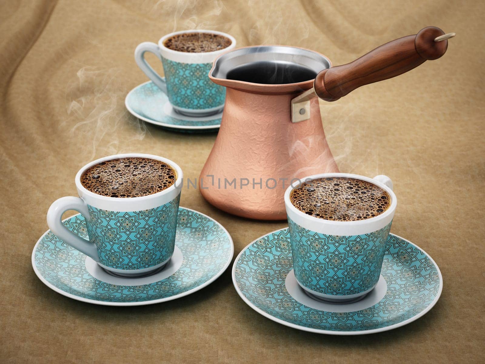 Coffeepot and Turkish coffee in traditional porcelain cups. 3D illustration.