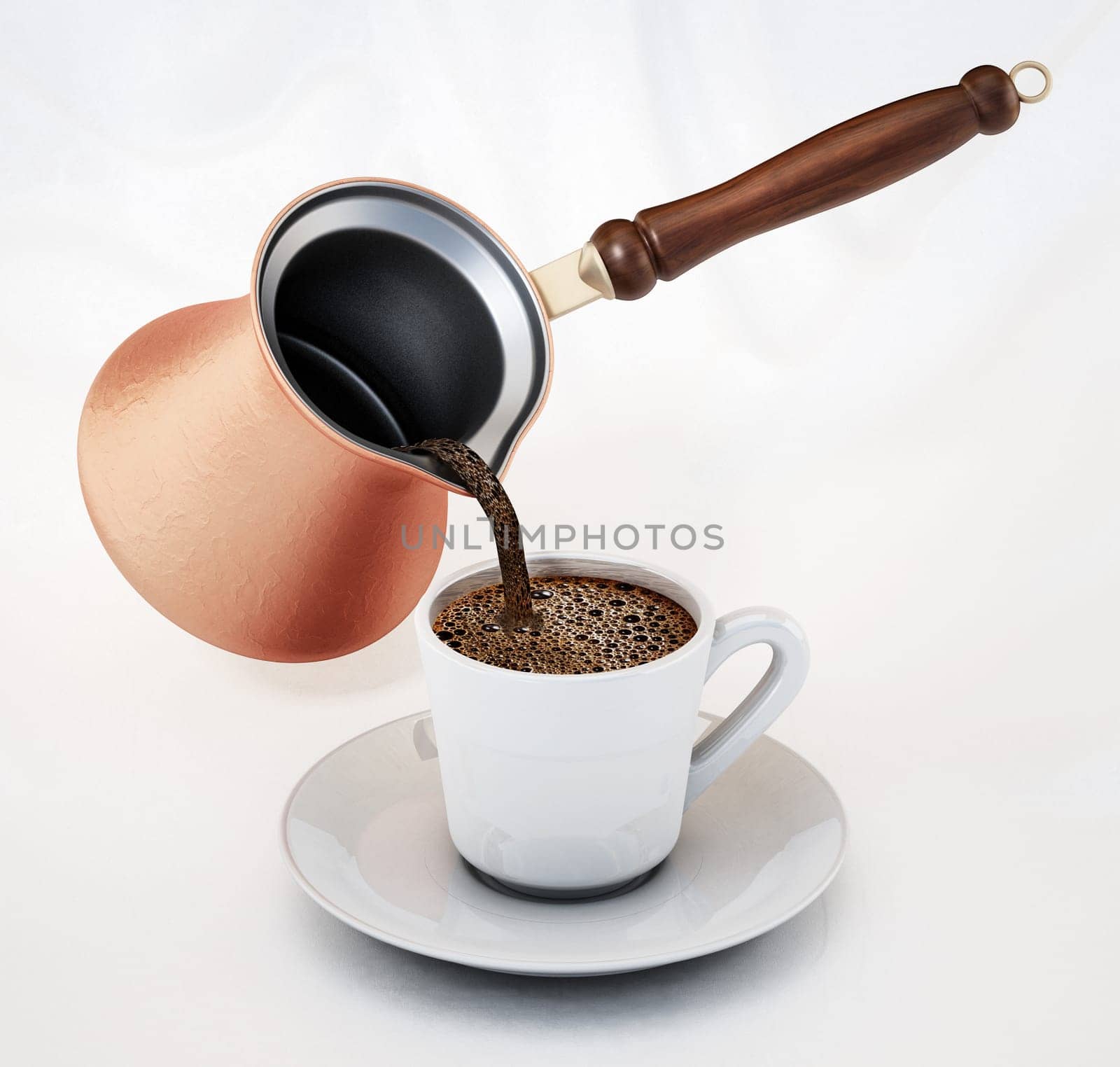 Turkish coffee poured into a traditional porcelain cup. 3D illustration.