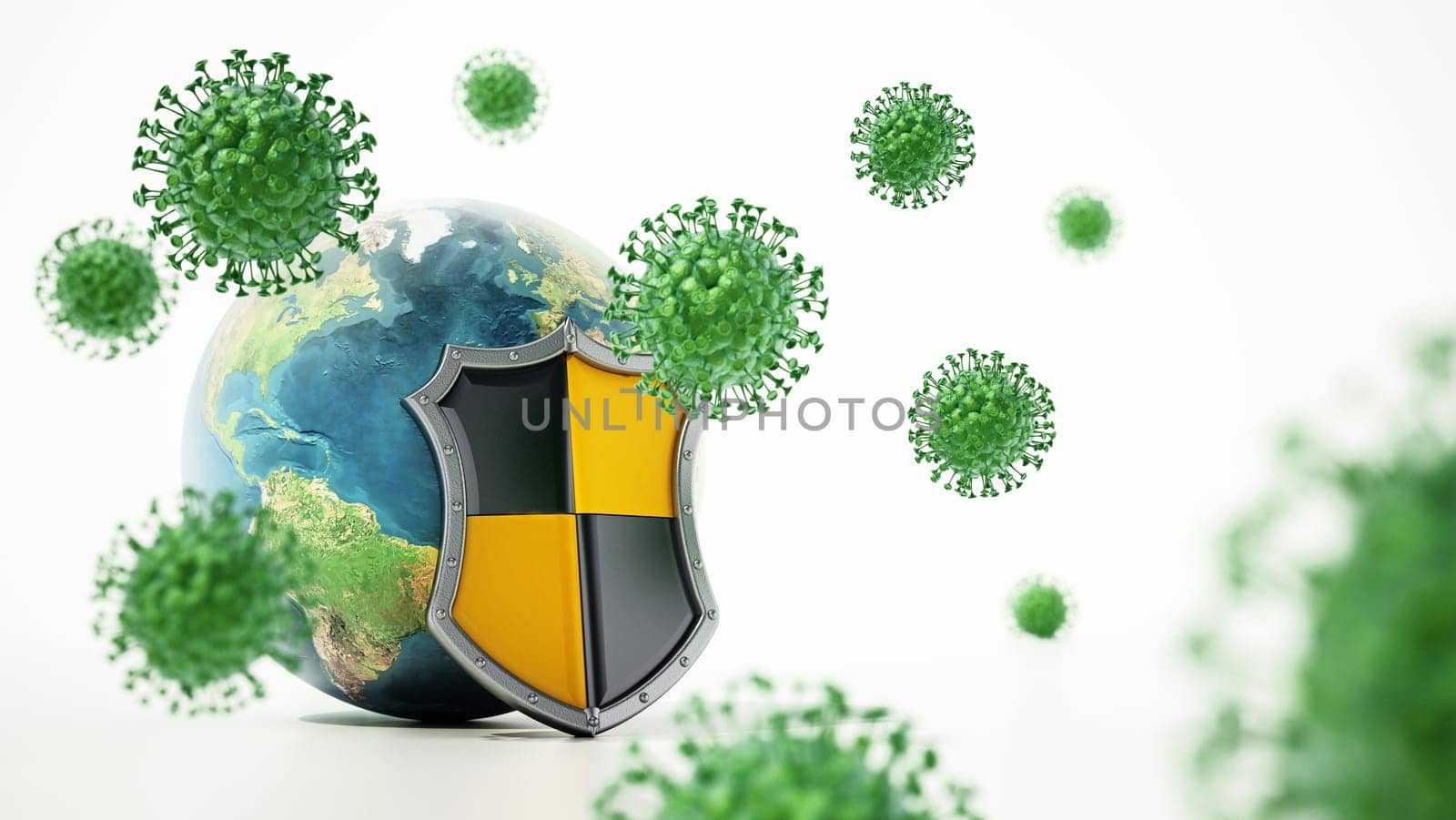 Green viruses around the Earth protected with a shield. 3D illustration.