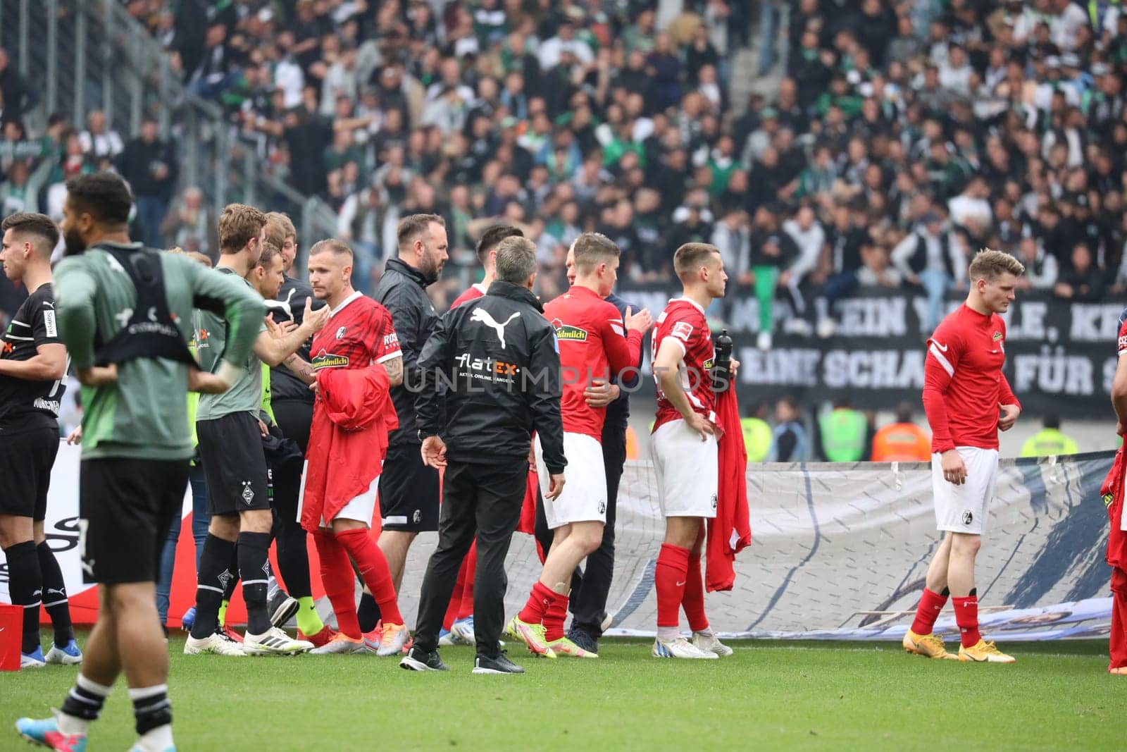 The Freiburg players are disappointed after the late goal to the 3:3 equalizer - in the game of the 1st FBL: 21-22: 31st Sptg. SC Freiburg vs Borussia Mönchengladbach... DFL REGULATIONS PROHIBIT ANY USE OF PHOTOGRAPHS AS IMAGE SEQUENCES AND/OR QUASI-VIDEONann.. Photo: Joachim Hahne/johapress