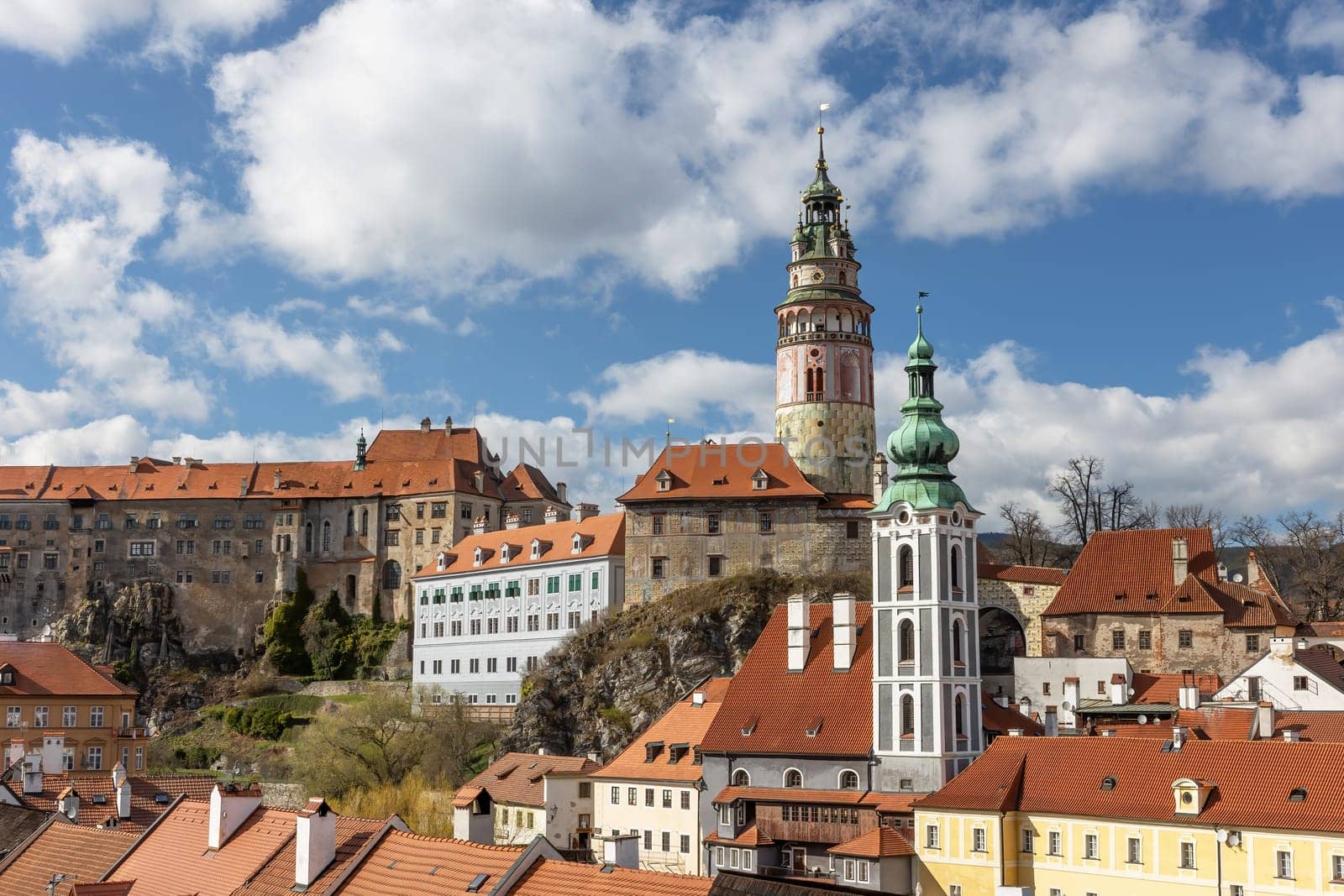Beautiful view to Cesky Krumlov castle and its tower  in Czech republic. Horizontally.