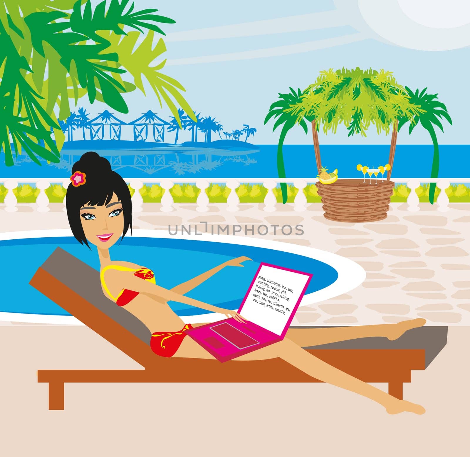 Woman sitting in deck chair and using laptop computer