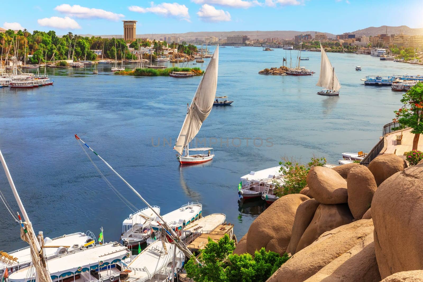 Aswan city, beautiful scenery of the Nile and boats, upper Egypt.