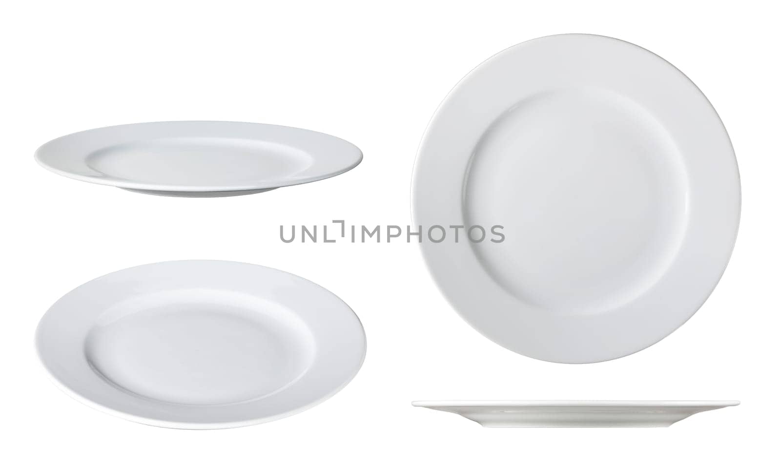 white dinner plates on white background with clipping path different angles