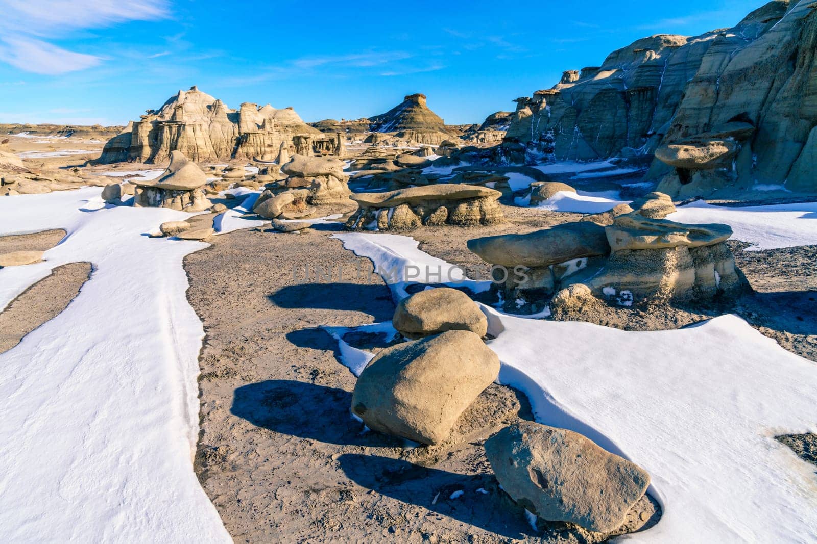 Scenic view of Bisti De-Na-Zin Wilderness area in New Mexico in winter