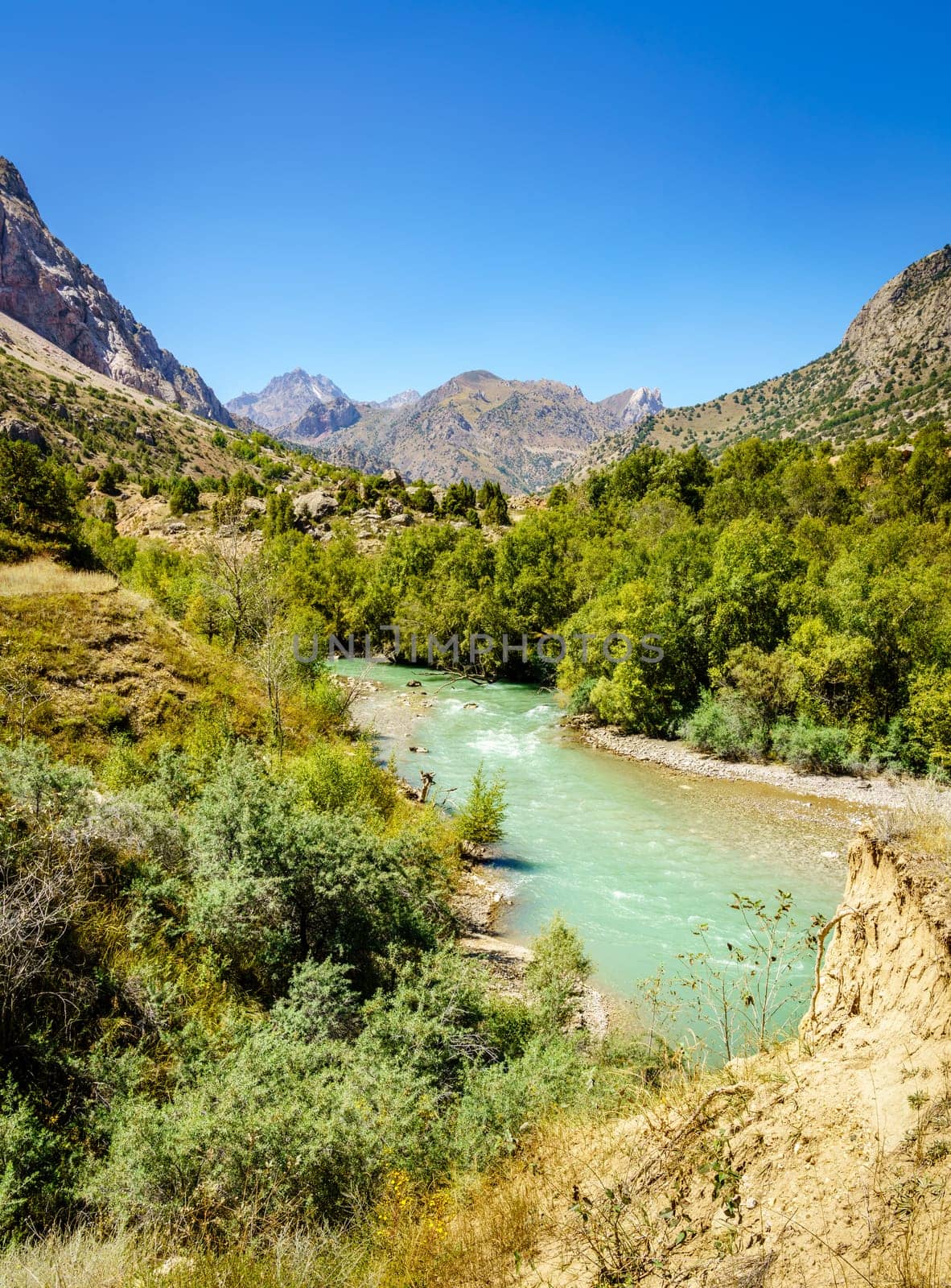 Beautiful mountain stream near Lake Iskander in Tajikistan