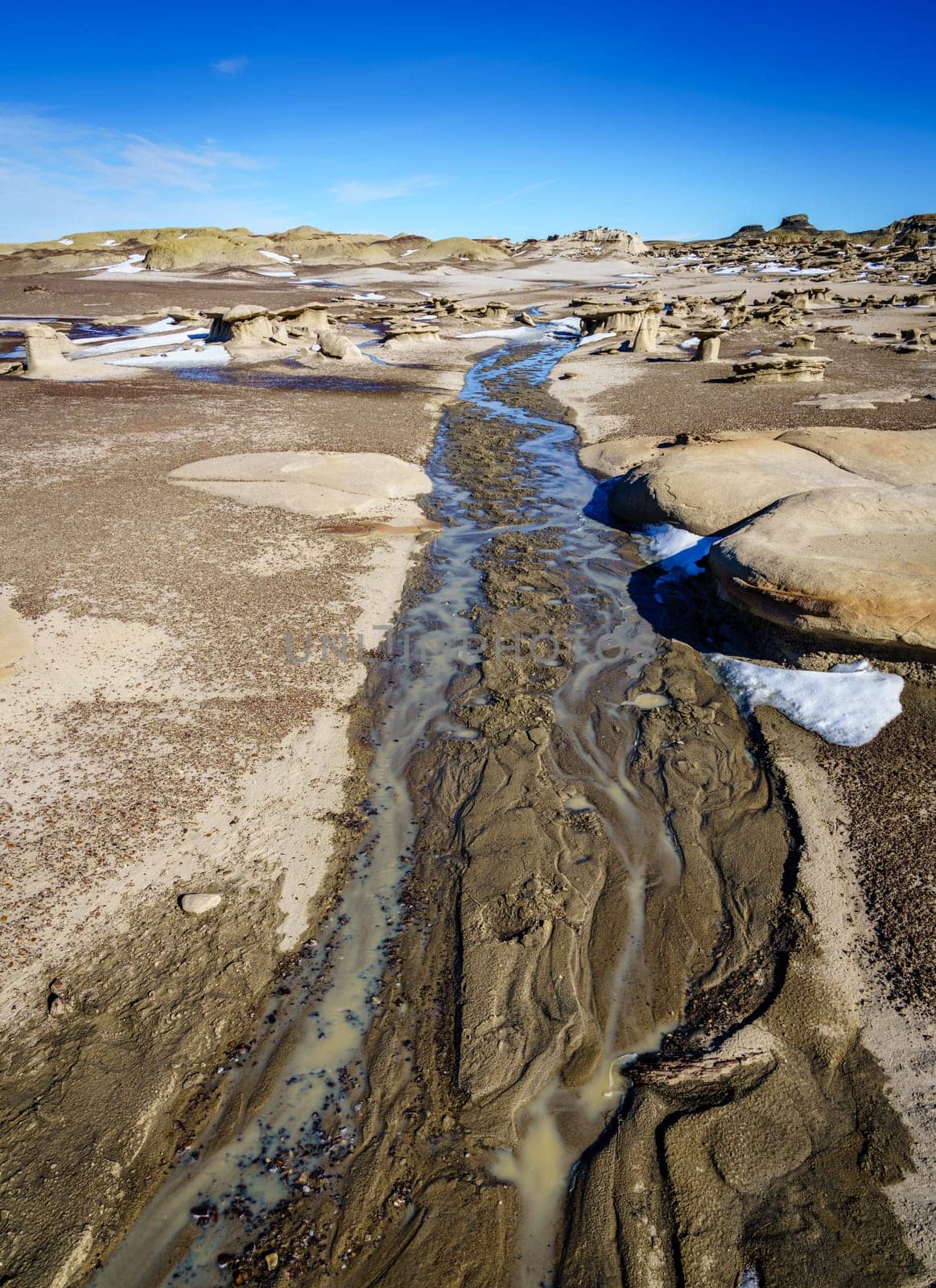 Scenic view of Bisti De-Na-Zin Wilderness area in New Mexico in winter