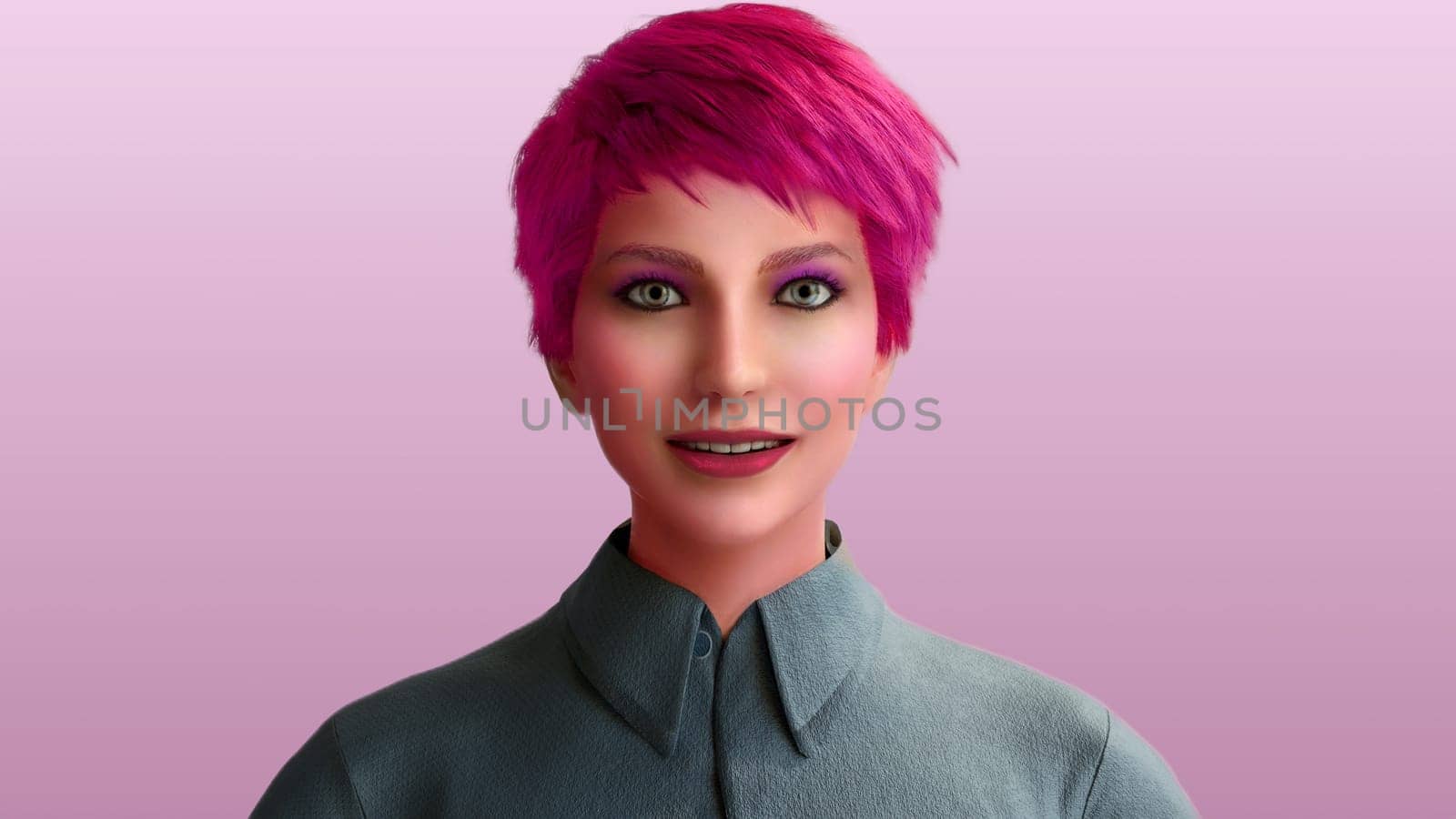 pink short hairs woman with gray shirt on purple background make-up girl cartoon 3D illustration