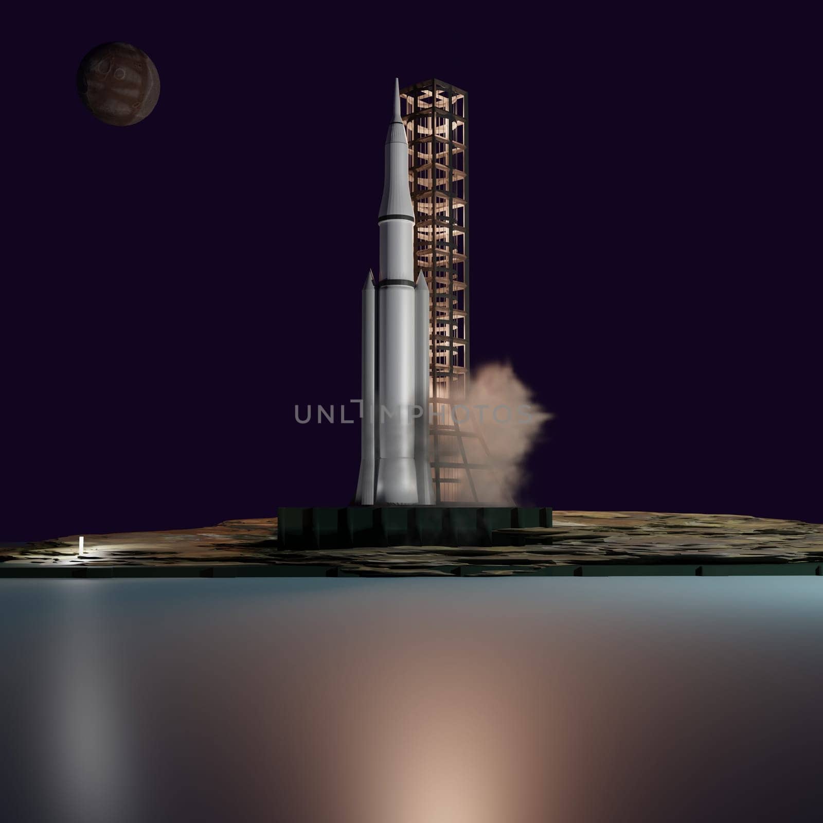 Missile starting from launch pad, 3d rendering