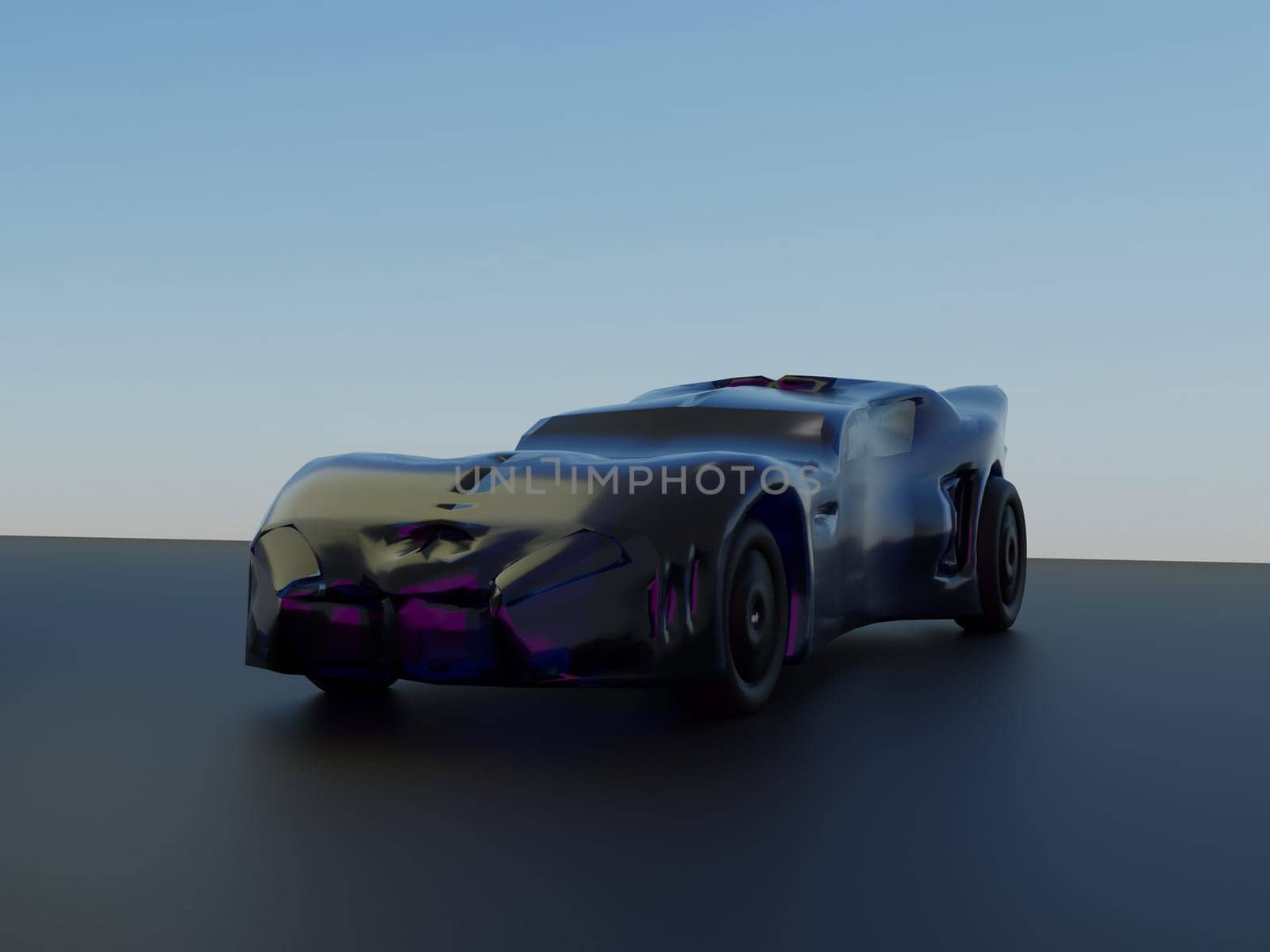 Black luxury car with blue sky on the back, 3d rendering