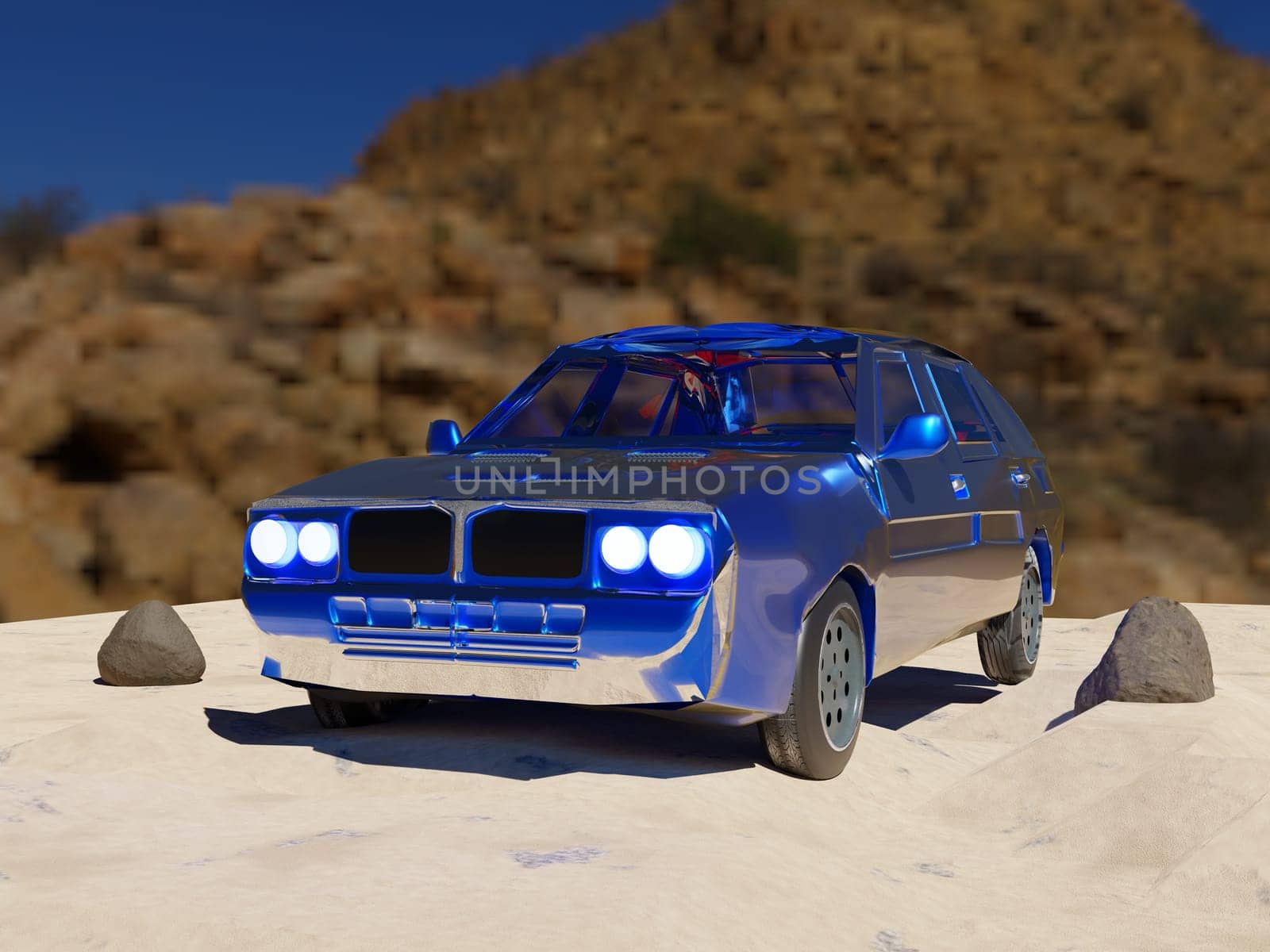 Blue car in the desert, 3d rendering
