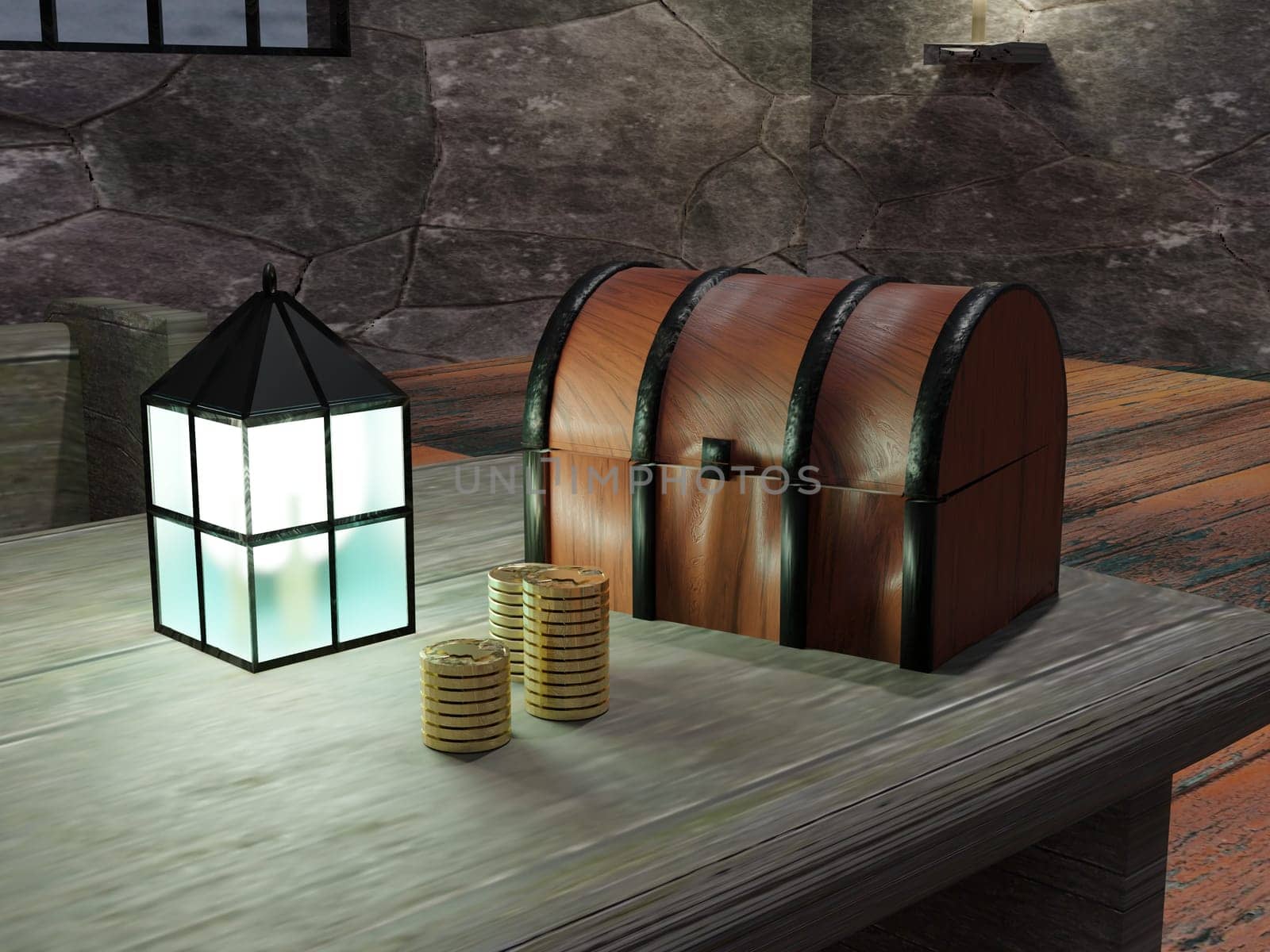 Old trunk with lanterna and money, 3d rendering