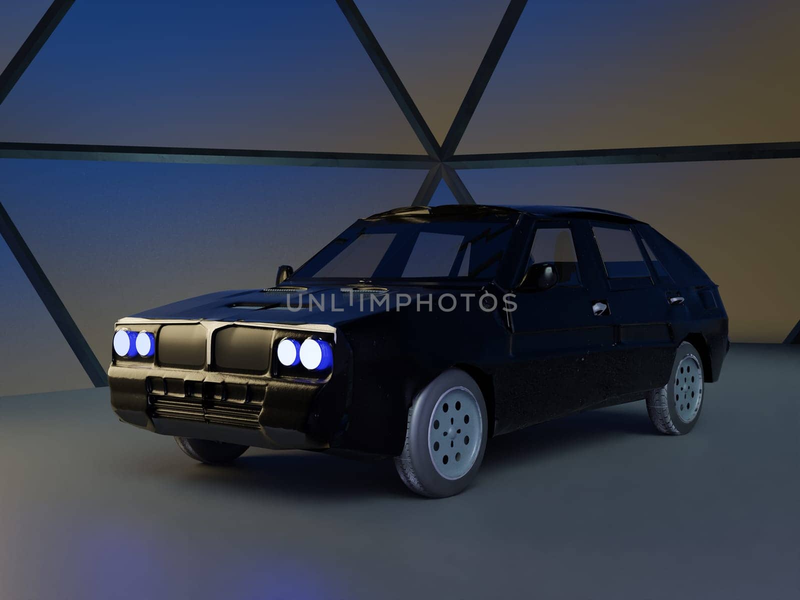Black car in dark light, 3d rendering