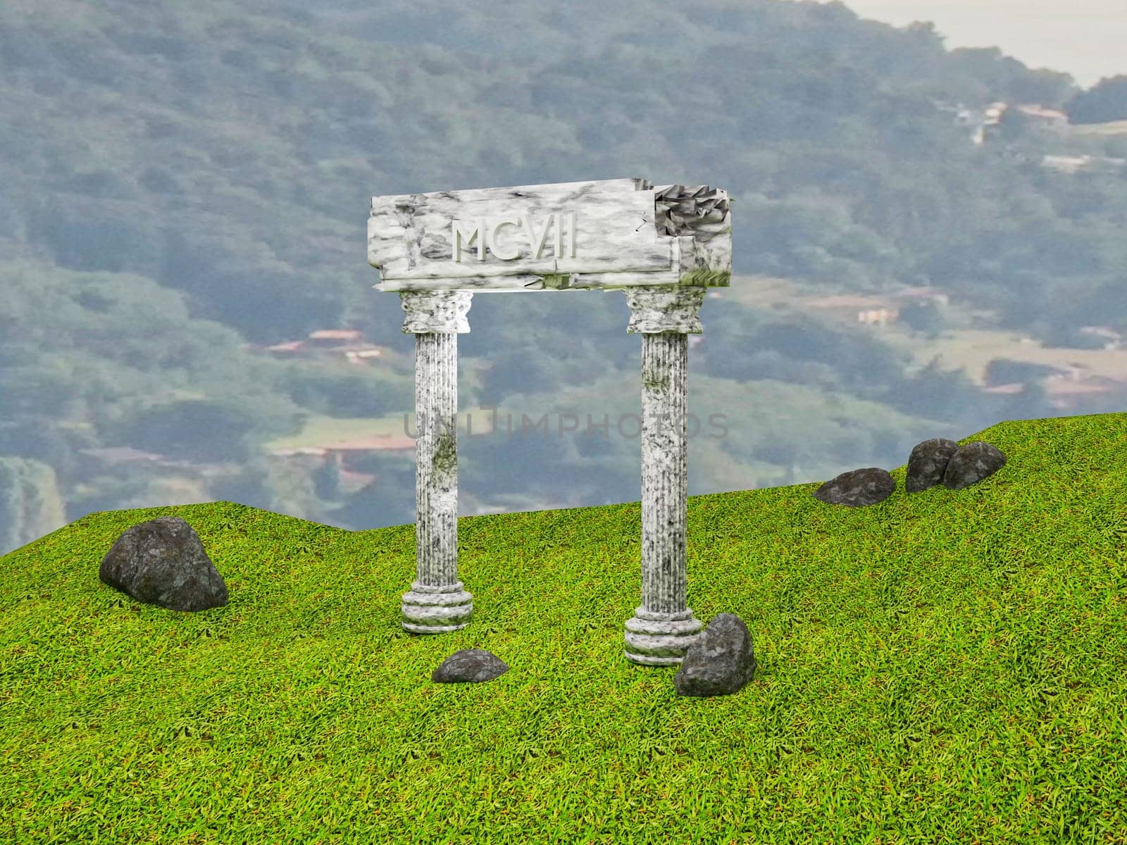 Ancient columns in ruins over field, 3d rendering
