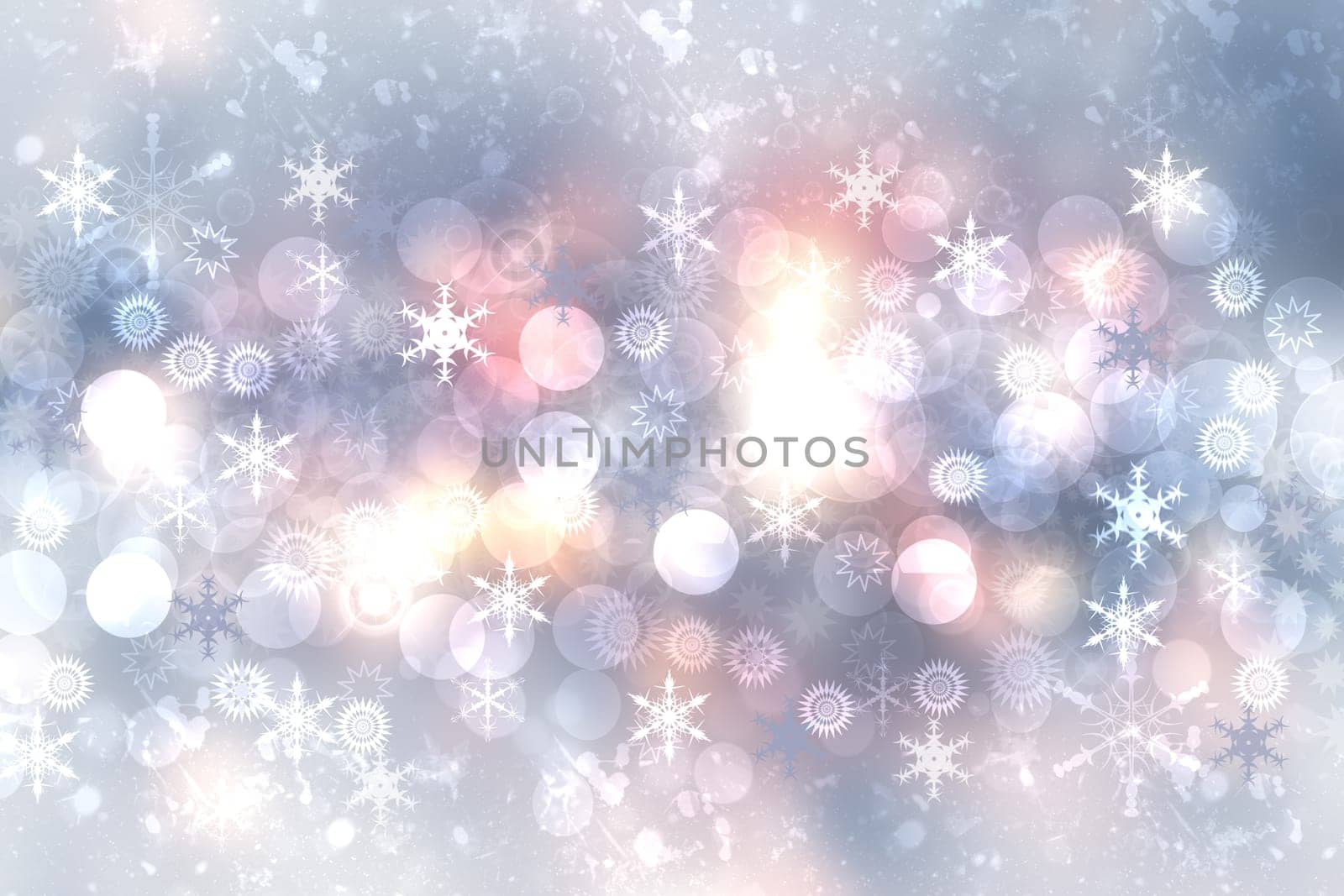 Abstract blurred festive light blue pink winter christmas or Happy New Year background with shiny blue and white bokeh lighted snowflakes and stars. Space for your design. Card concept.