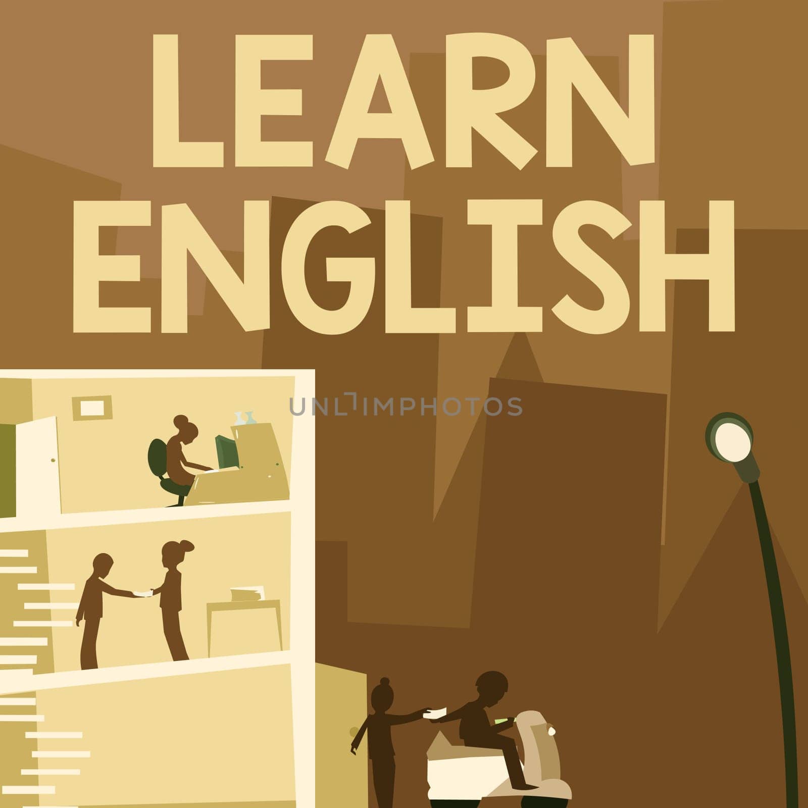 Text sign showing Learn English, Internet Concept Universal Language Easy Communication and Understand Office Building With Skyscrapers Drawing Showing City Skyline.