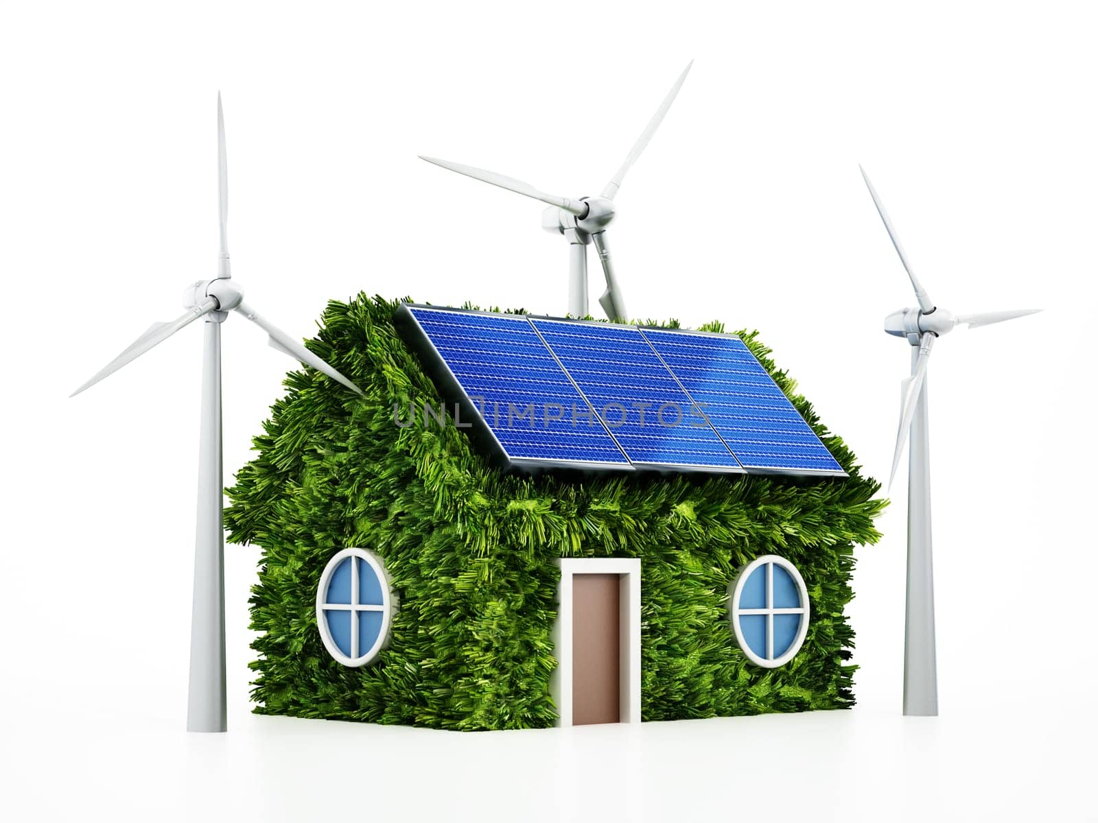 Green house with solar panels on the roof and wind turbines. 3D illustration.