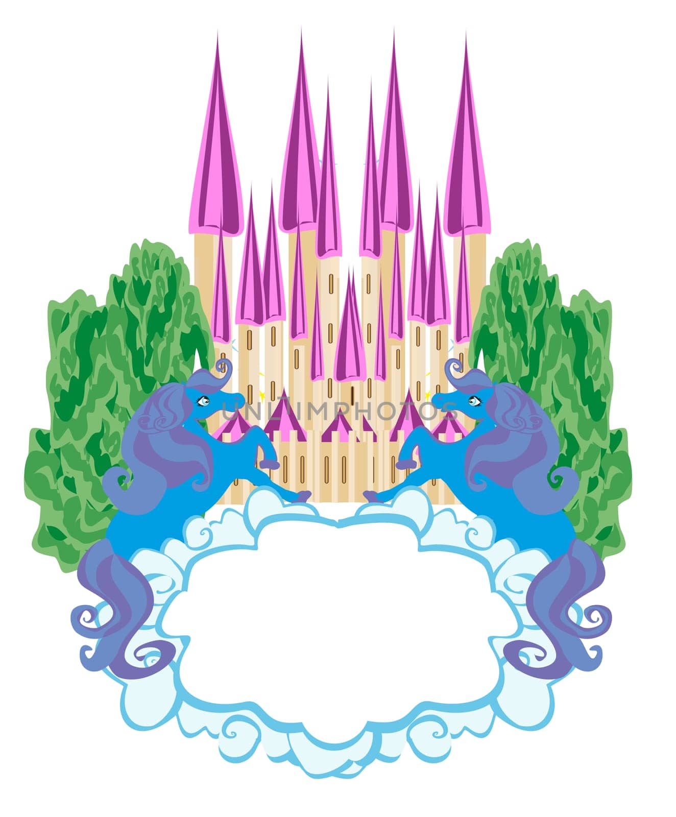 Fairytale frame with magic castle and unicorns