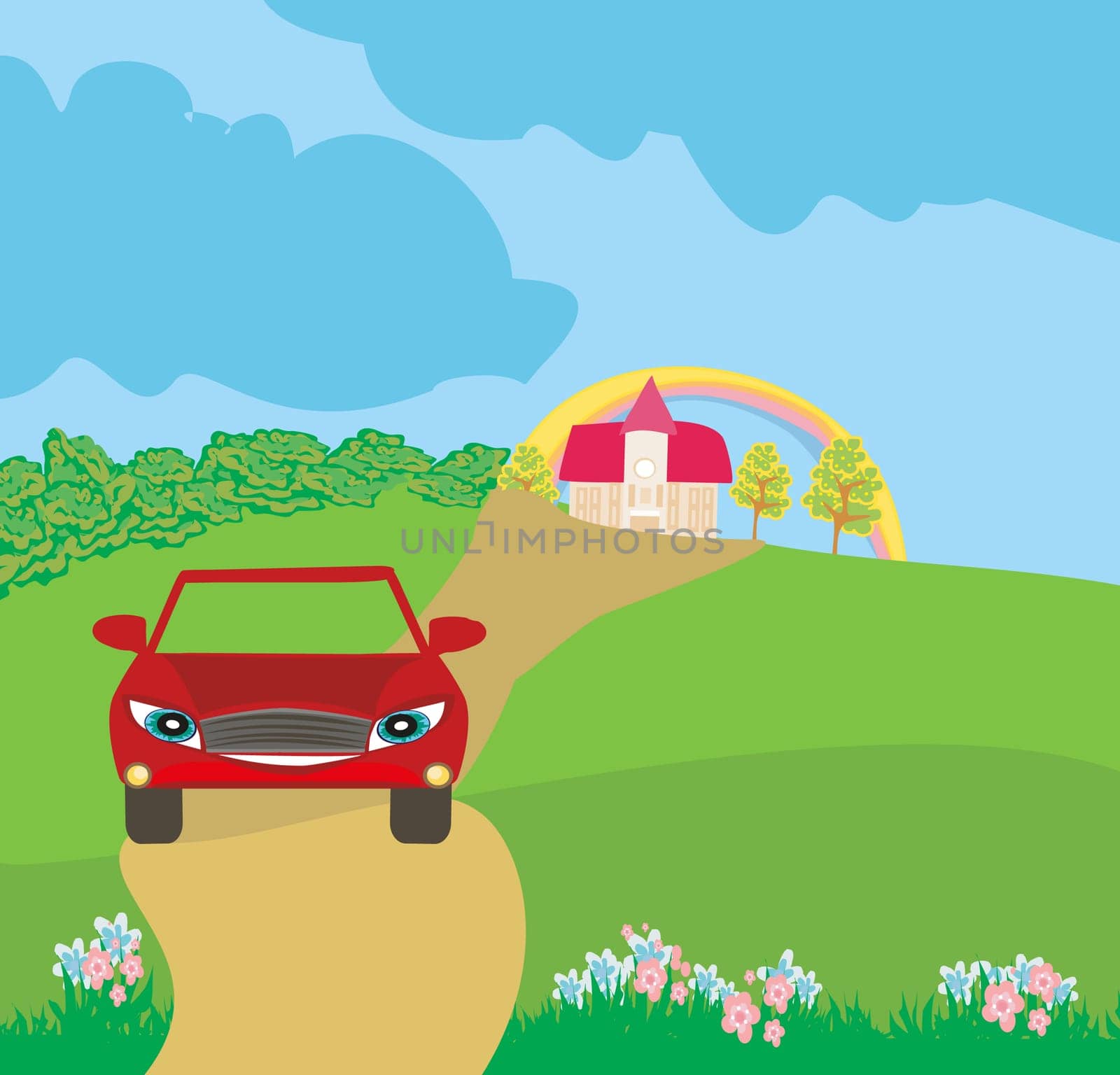 Car cartoon character on a trip