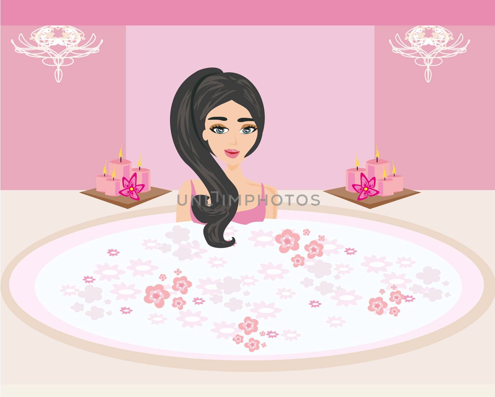 Woman bathing in bathtub in beautiful bathroom.