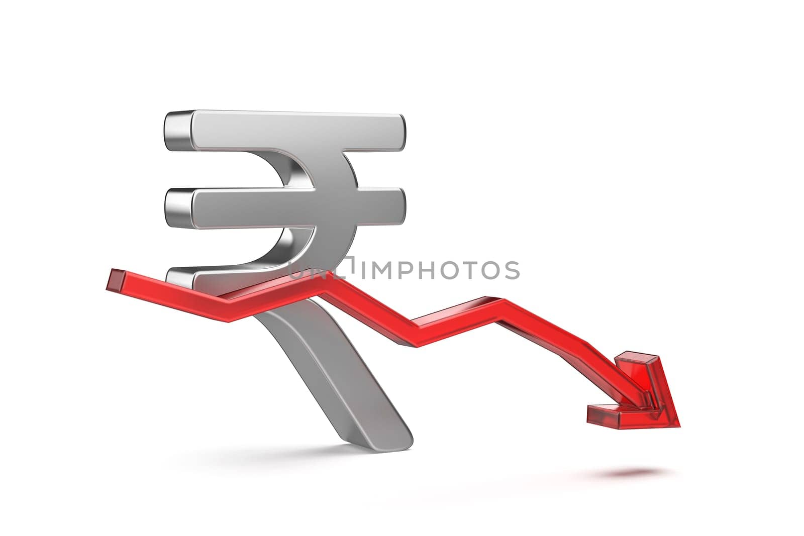 Decreasing the value of Indian rupee currency, concept image