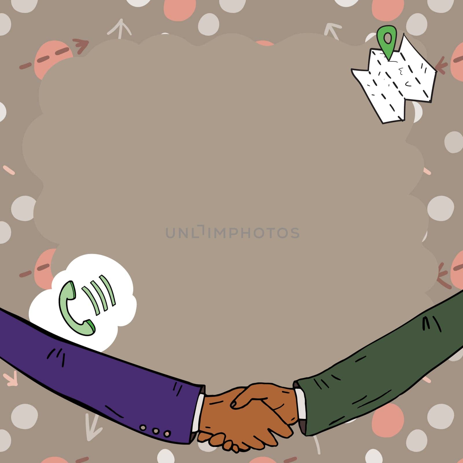 Empty frame decorated with communication symbols represent business meeting