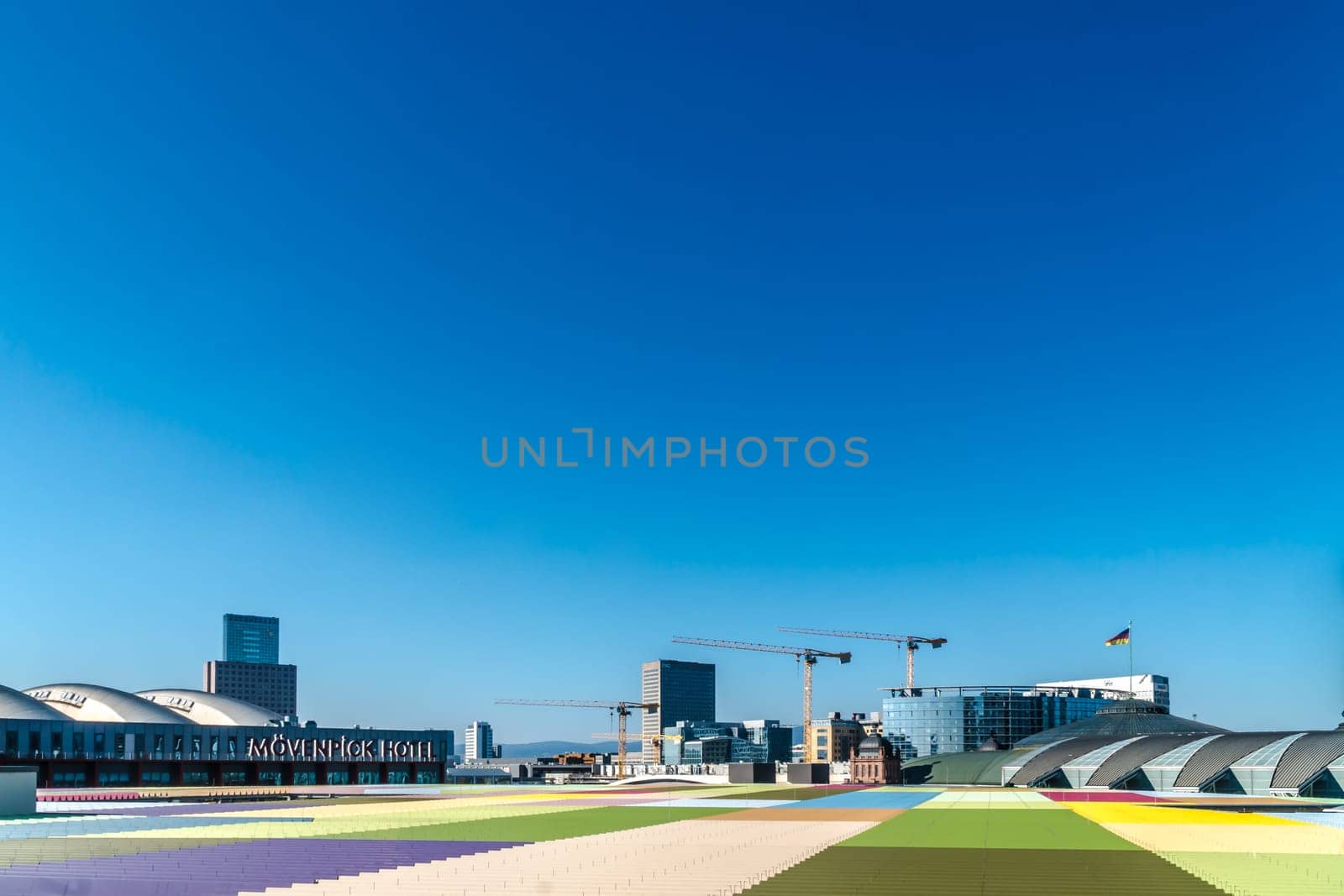Frankfurt Hesse, GERMANY: October, 09, 2021, construction sites with cranes and high-rise buildings under construction in the new europaviertel in frankfurt am main