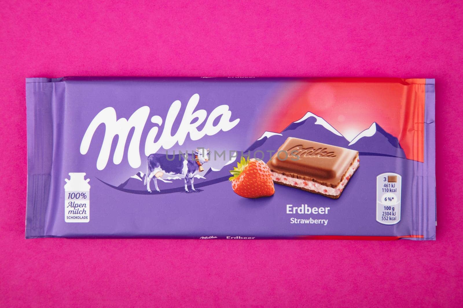 WETZLAR GERMANY - 2022-04-11: Milka chocolate bar on purple background. Milka milk chocolate bar. Milka is a brand of chocolate confection which originated in Switzerland in 1901.