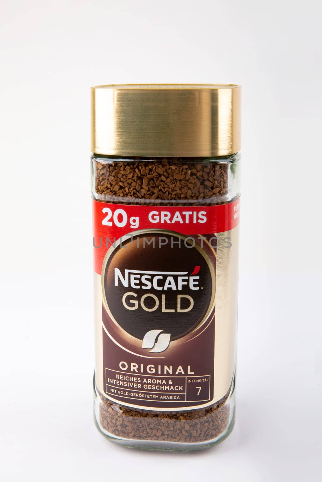 WETZLAR, GERMANY - 2022-04-05: Nescafe Gold Instant Coffee white background.