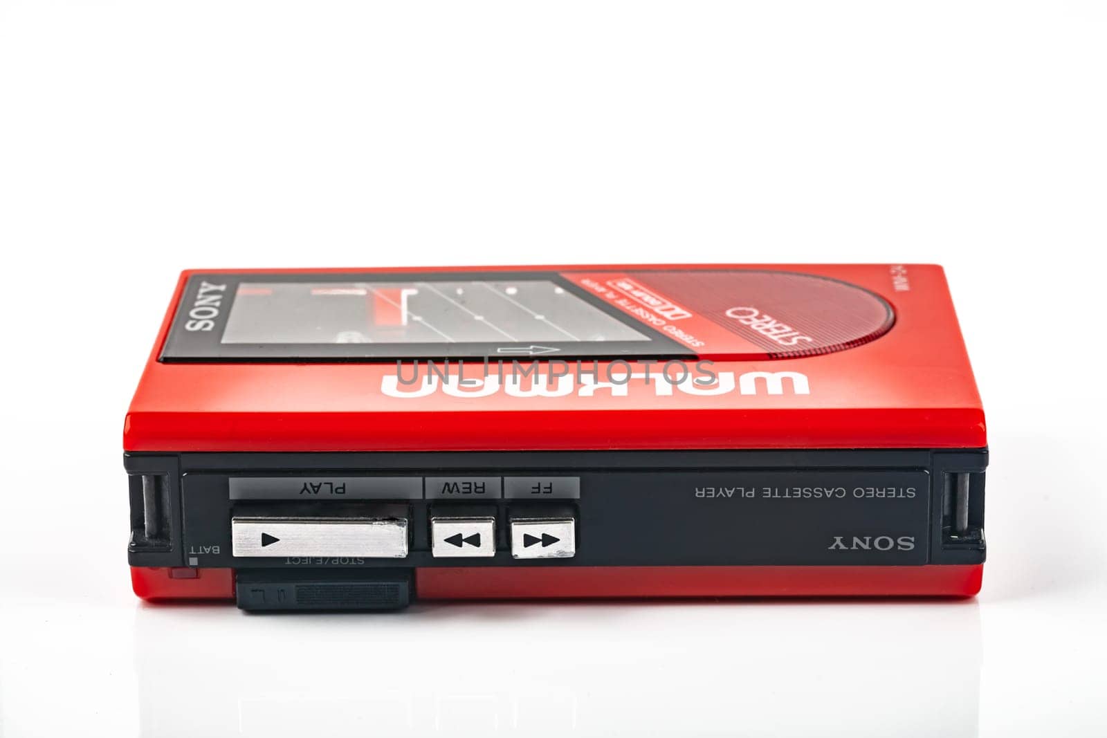WETZLAR, GERMANY: 2022-04-16: Beautiful red vintage SONY WALKMAN WM-24 over bright background.