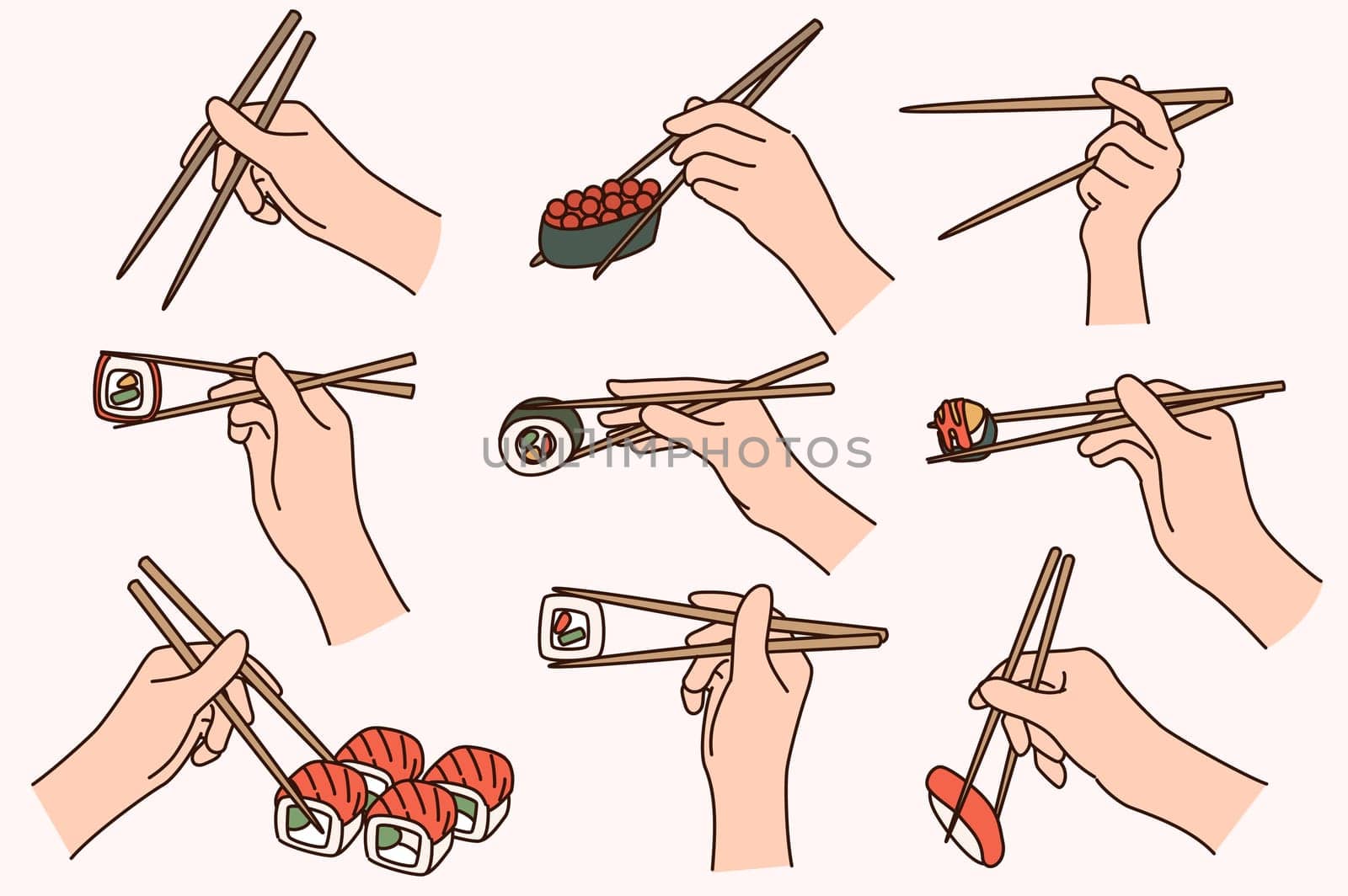 Collection of people hold chopsticks eating sushi. Set of persons enjoy traditional Japanese food. Japan cuisine culture and tradition. Flat vector illustration.