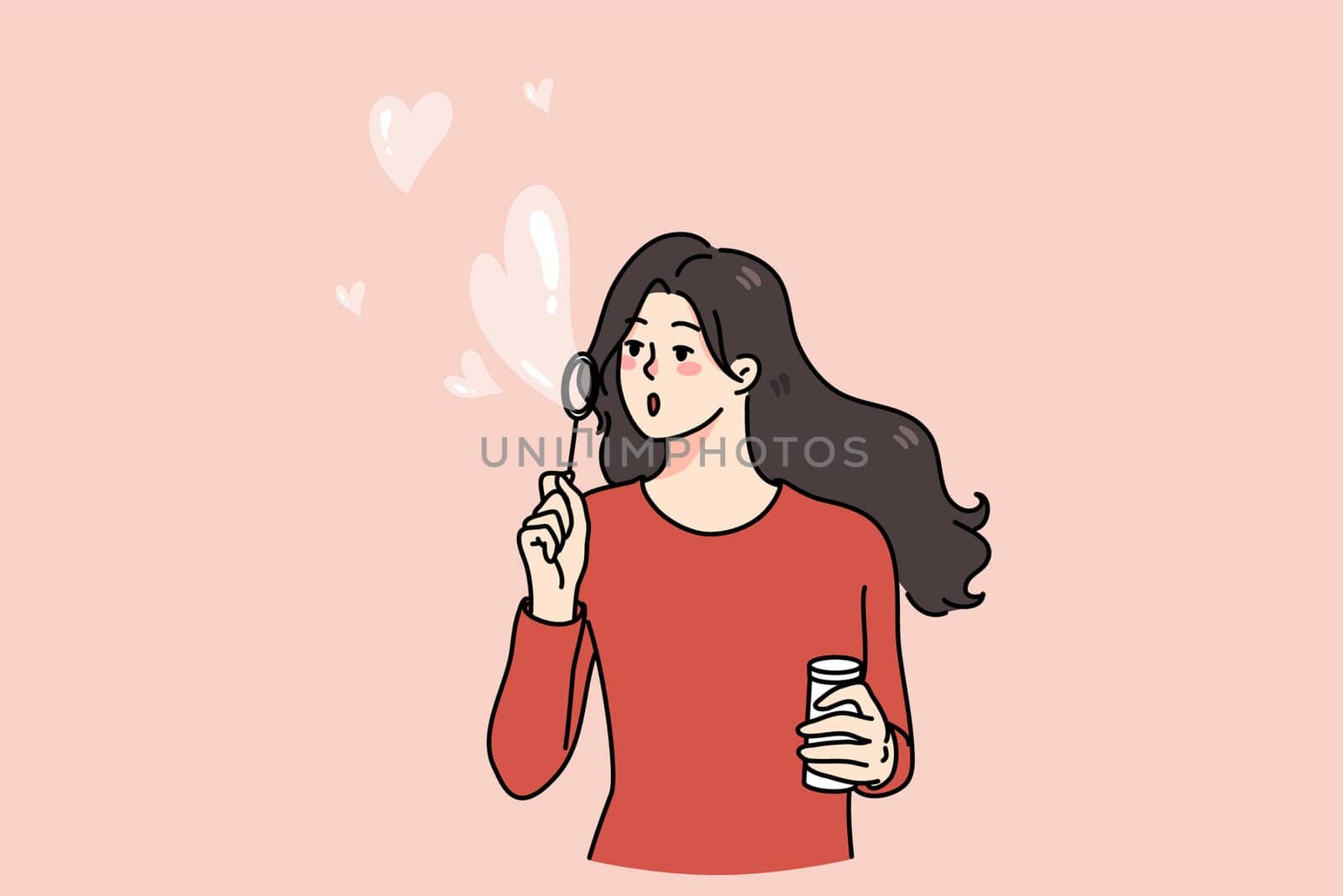 Happy young woman blow soap bubbles with heart shape. Kind girl share spread love and care. Concept of volunteering and charity. Donation and philanthropy. Flat vector illustration.
