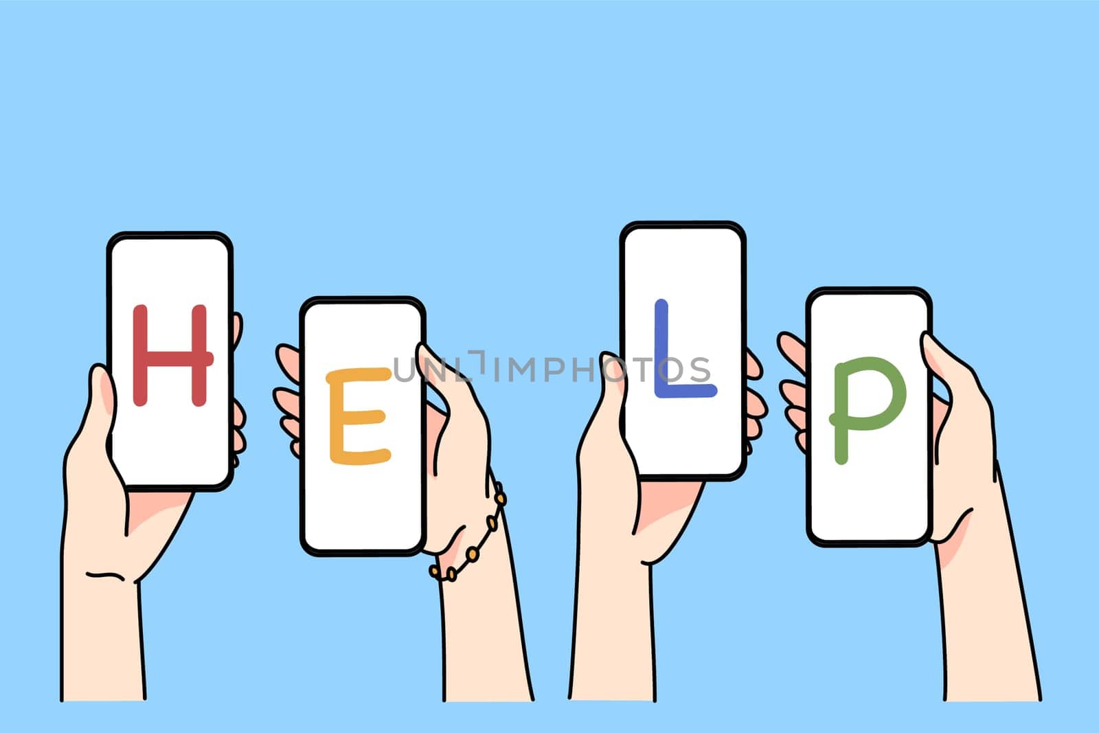 Diverse people hold smartphones with text help ask for emergency aid from online community. Person hands with cellphones beg assistance on social media. Solidarity and volunteer. Vector illustration.