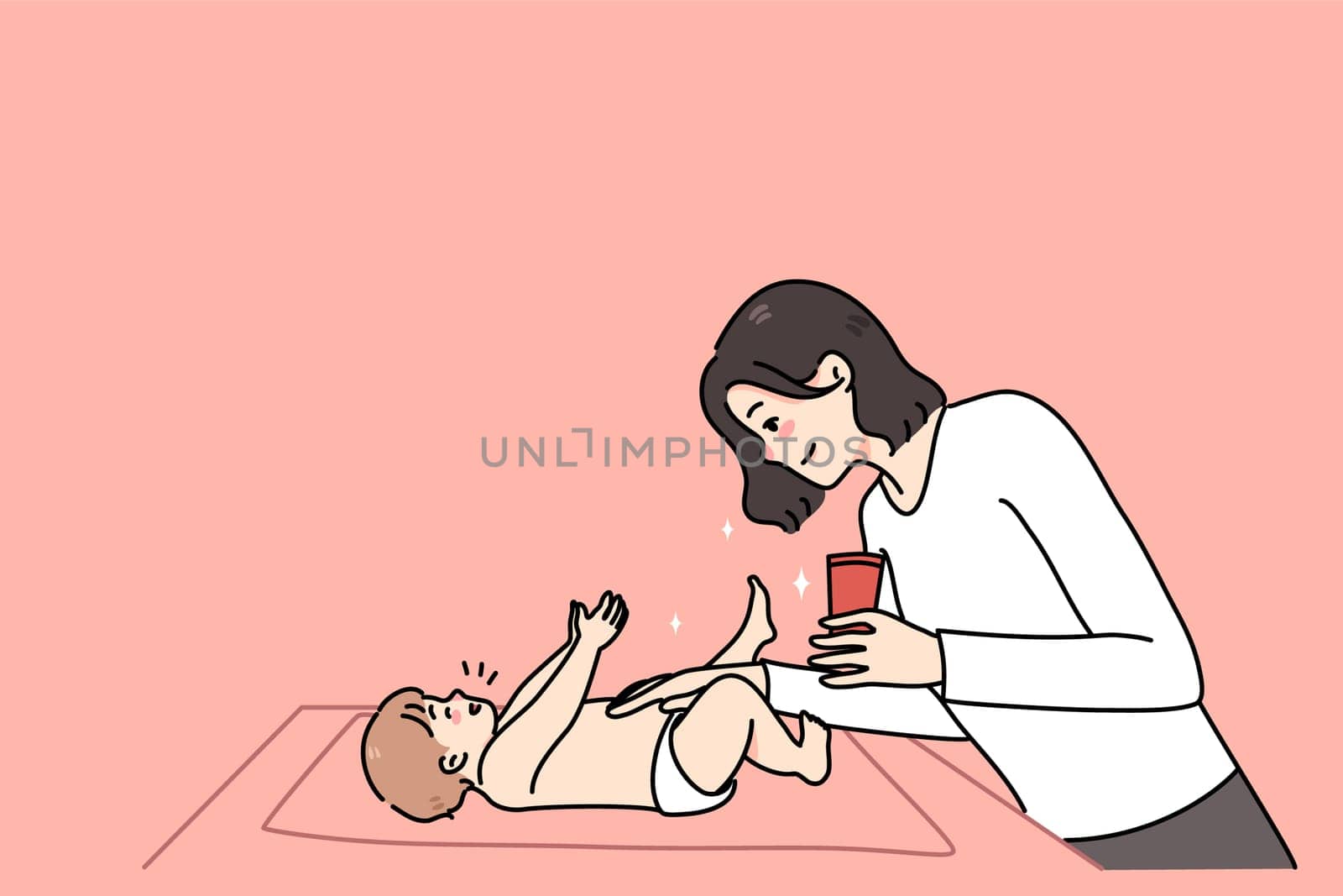 Loving mom moisturize newborn child body with cream changing diaper at home. Caring mother use lotion for newborn kid. Concept of children skincare and treatment. Vector illustration.