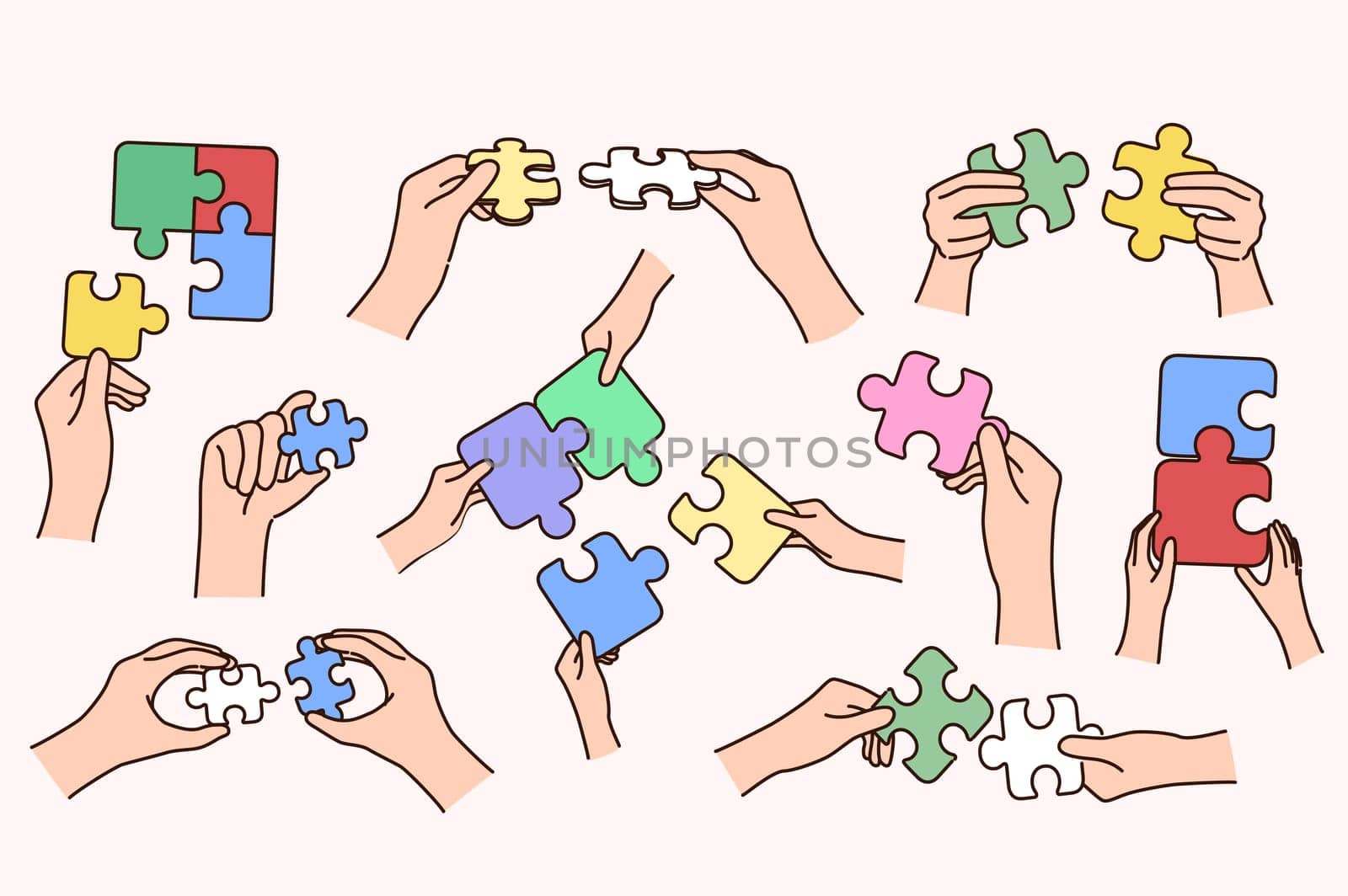 Collection of people hands holding connection jigsaw puzzles engaged in hobby activity. Set of person join puzzle find best solution or answer. Problem solving. Game and hobby. Vector illustration.