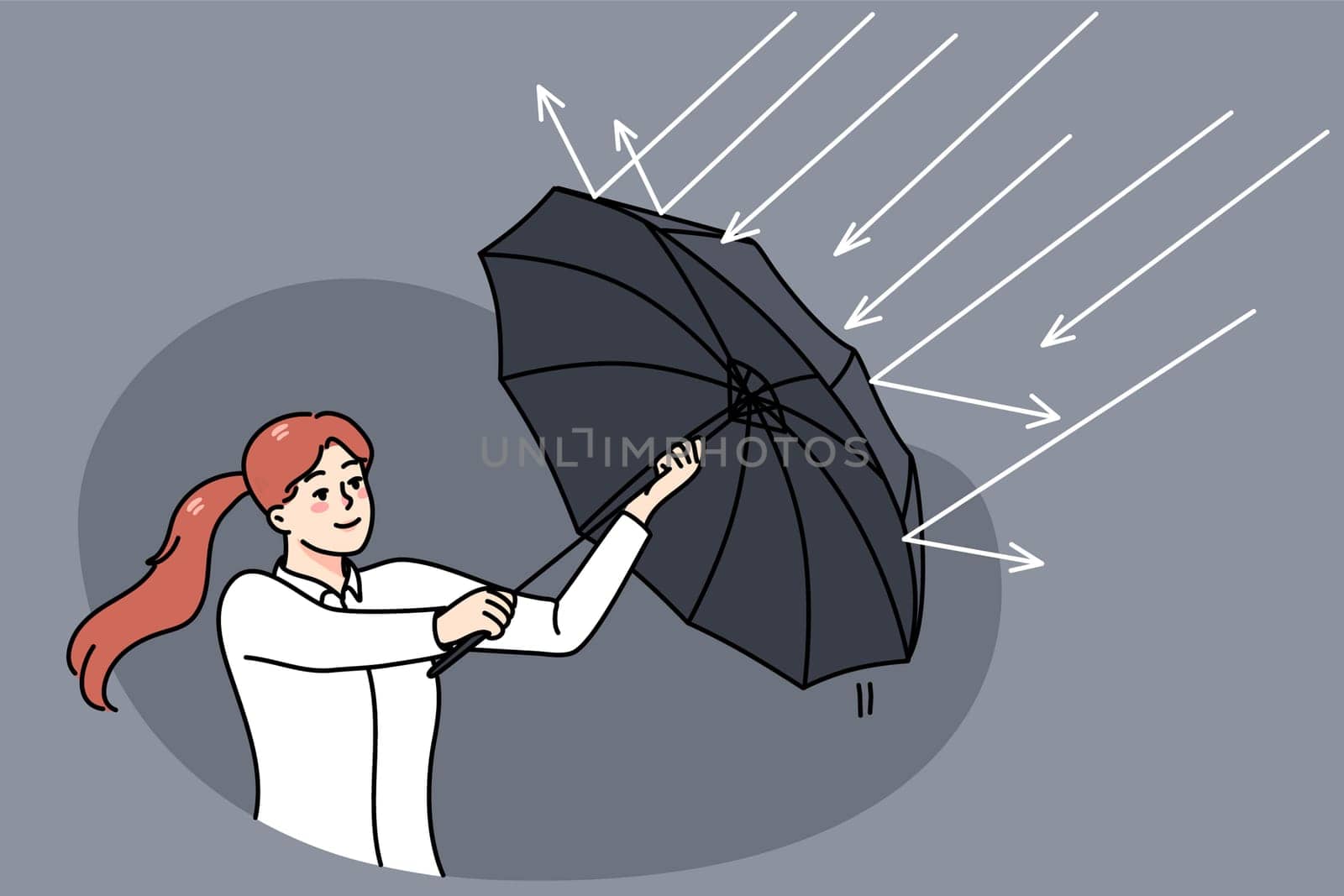 Successful businesswoman use umbrella protect from rain. Concept of investment and profit. Stock exchange and banking stability. Finances and money income. Flat vector illustration.